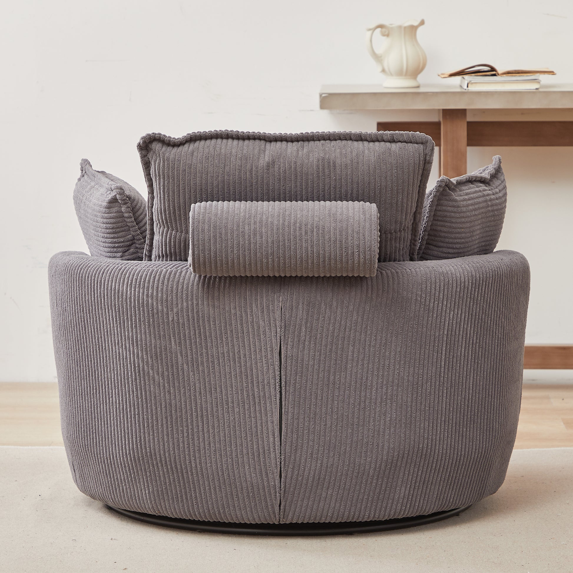 38"W Oversized Swivel Chair With Moon Storage Ottoman For Living Room, Modern Accent Round Loveseat Circle Swivel Barrel Chairs For Bedroom Cuddle Sofa Chair Lounger Armchair, 4 Pillows,Corduroy Grey Foam Corduroy
