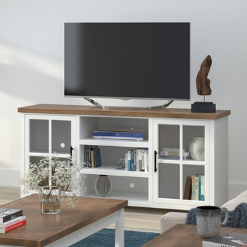 Hampton 67 Inch Tv Stand Console For Tvs Up To 80 Inches, No Assembly Required, Jasmine Whitewash And Barnwood Finish White White Primary Living Space 60 69 Inches 70 79 Inches Coastal,Farmhouse Poplar 75 Inches Wood