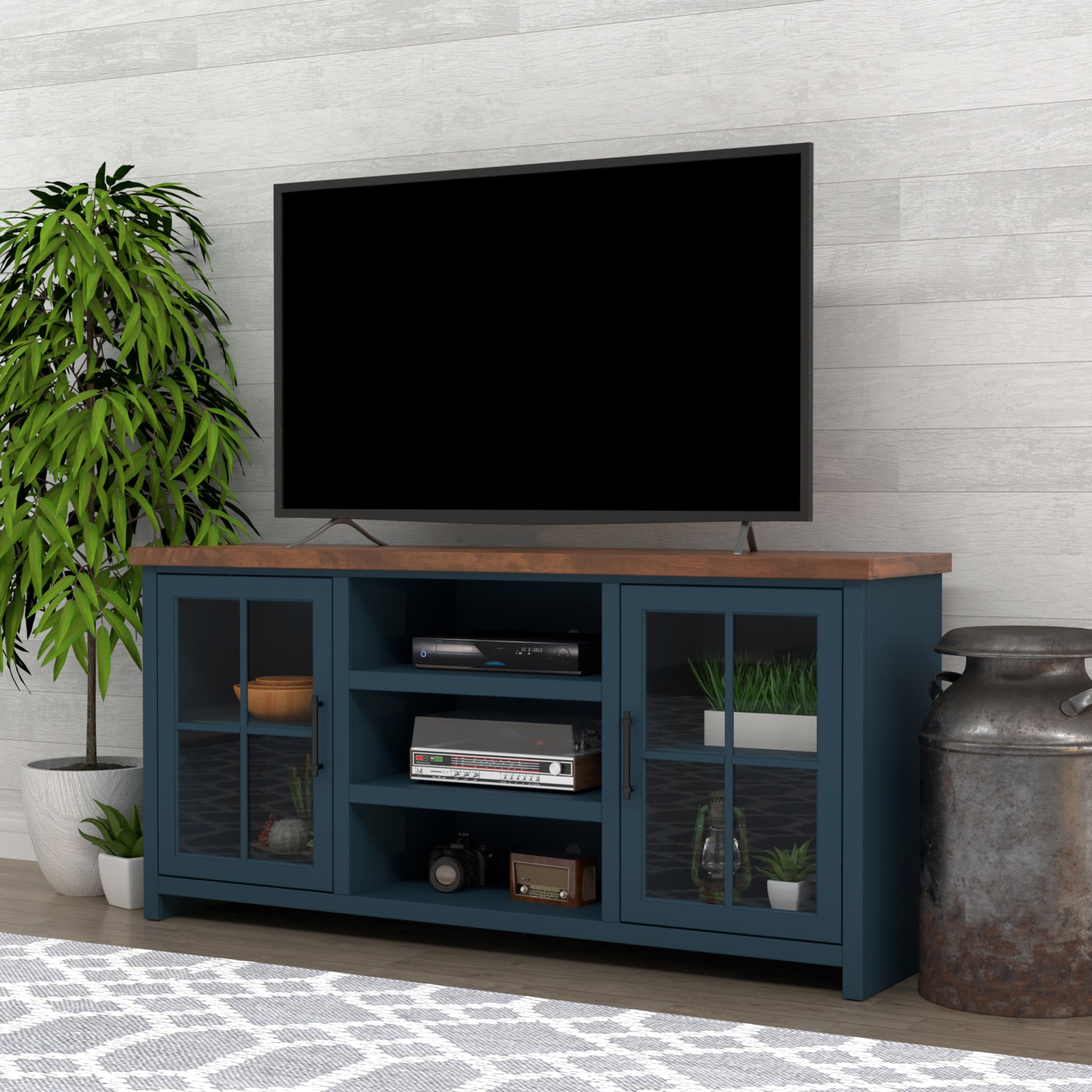 Nantucket 67 Inch Tv Stand Console For Tvs Up To 80 Inches, No Assembly Required, Blue Denim And Whiskey Finish Blue Primary Living Space 60 69 Inches 80 89 Inches Coastal,Farmhouse Poplar 80 Inches Wood