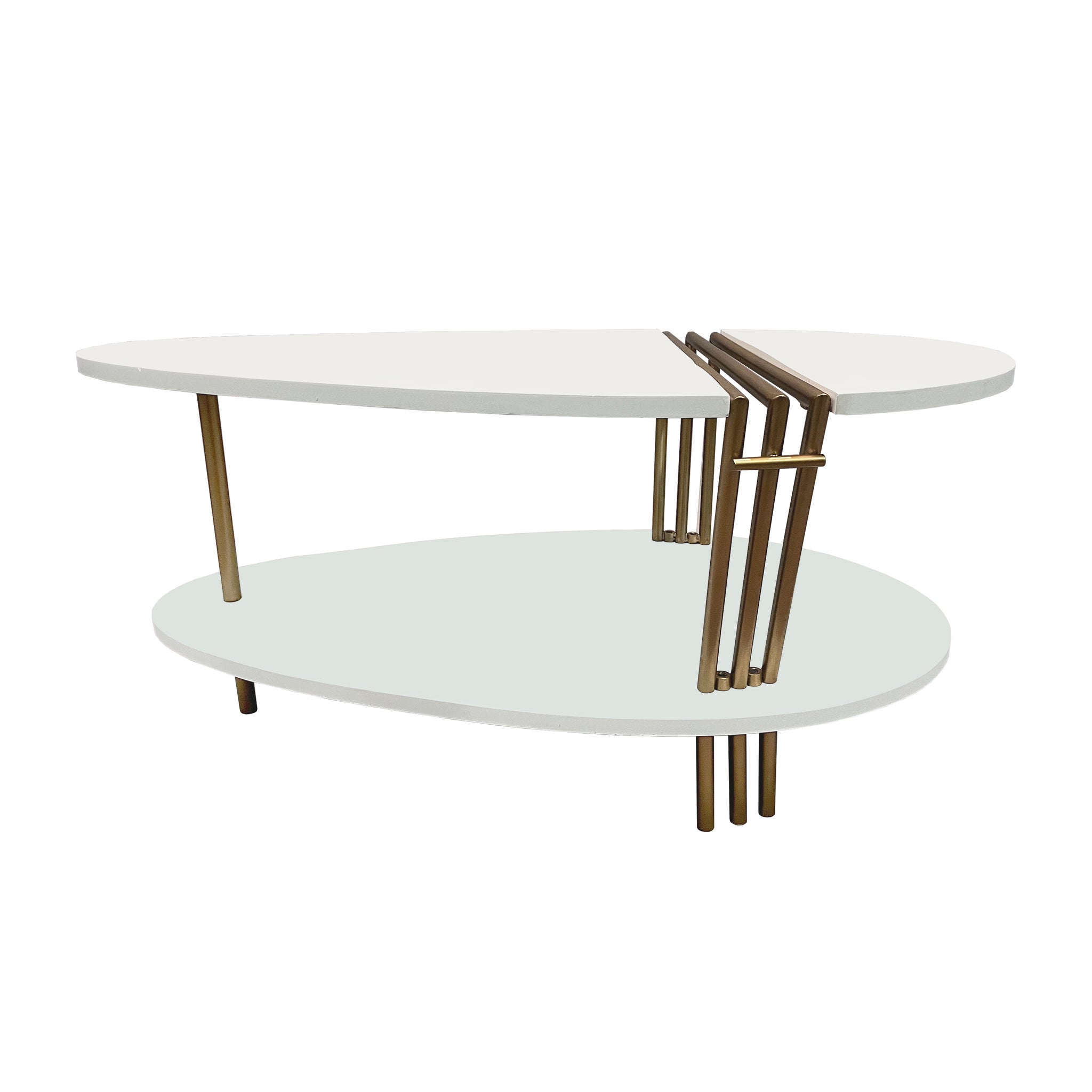 36 Inch Modern Coffee Table, Oval Elliptical Shape, White Mango Wood With Antique Brass Antique Brass White Metal & Wood