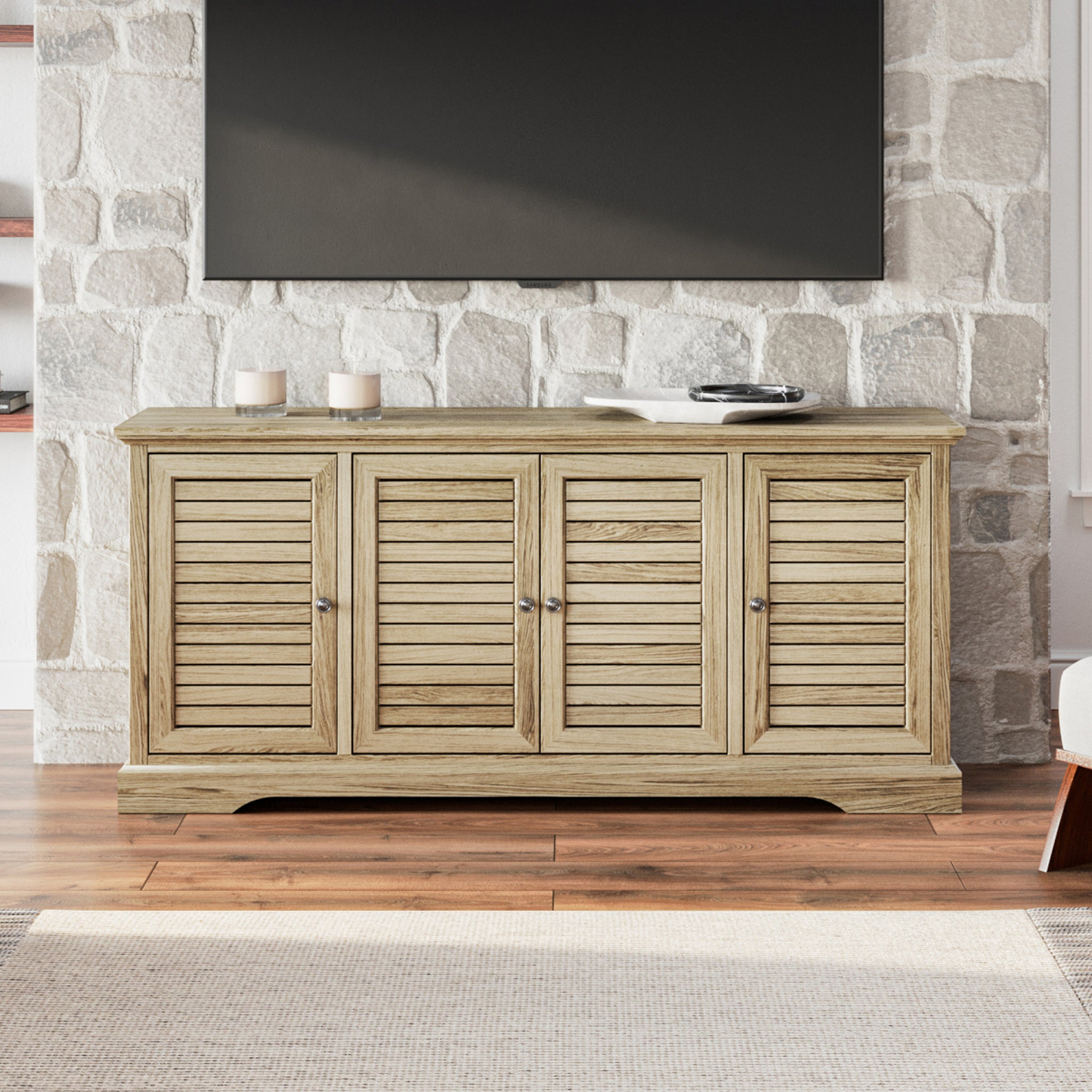 Topanga 68 Inch 4 Door Tv Console For Tvs Up To 80 Inches, No Assembly Required, Alabaster Finish Beige Primary Living Space 70 79 Inches 70 79 Inches Coastal,Rustic,Transitional Oak 75 Inches Wood