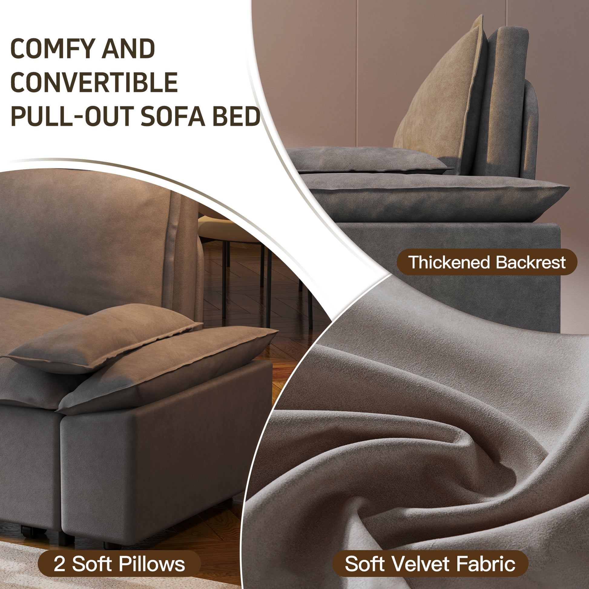 70.1" Queen Pull Out Sofa Bed, 3 In 1 Convertible Sleeper Sofa With 2 Soft Pillows,Multi Functional Velvet Loveseat Bed,Grey Old Sku:W1885P143788 Grey Velvet 2 Seat
