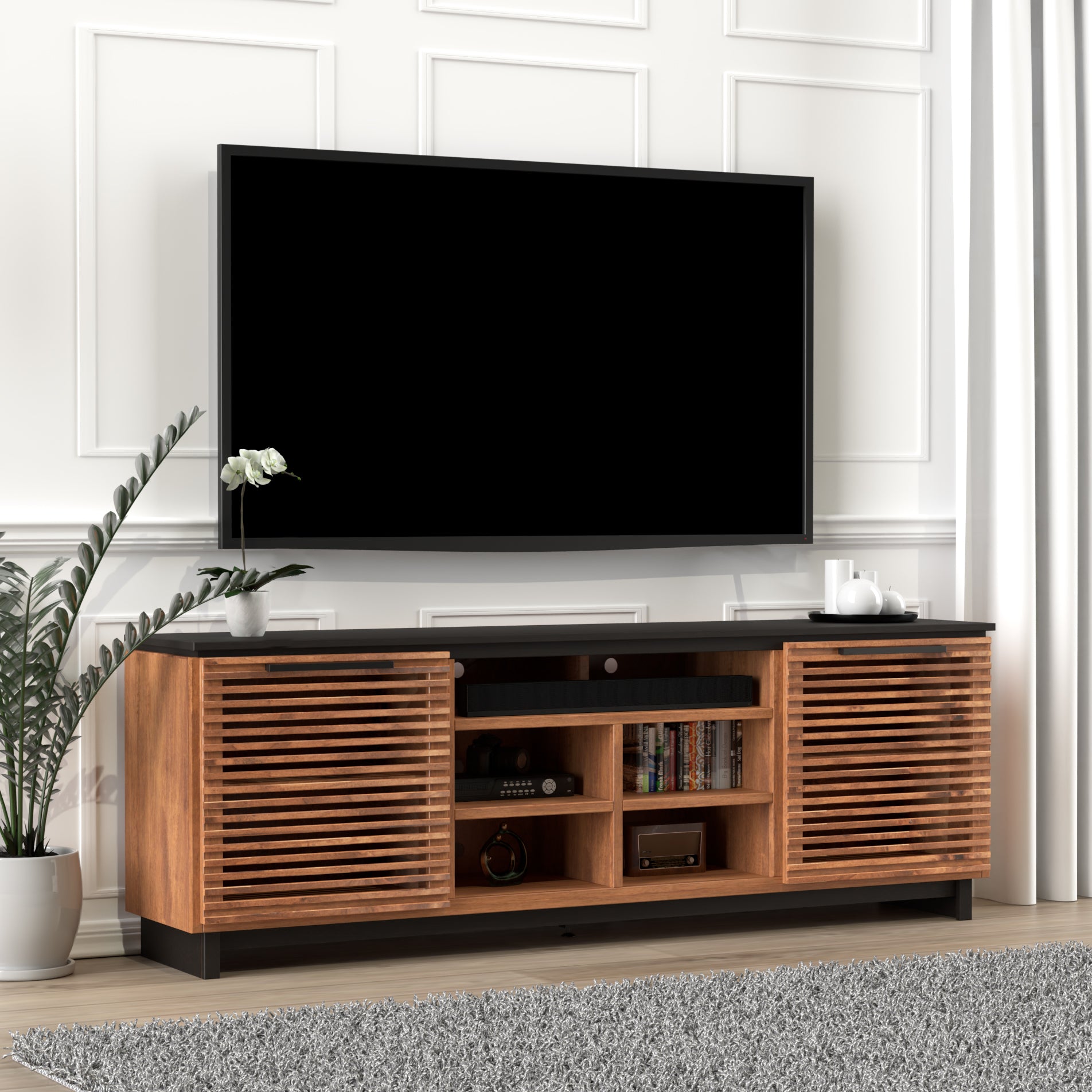 Graceland 85 Inch Tv Stand Console For Tvs Up To 95 Inches, No Assembly Required, Black With Bourbon Finish Brown Brown Primary Living Space 80 89 Inches 90 Inches Or Larger Contemporary,Modern,Scandinavian Poplar 85 Inches Wood