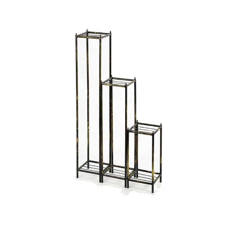 40, 29, 17 Inch 2 Tier Square Metal Plant Stand, Slatted, Set Of 3, Black, Gold Gold Blue Metal