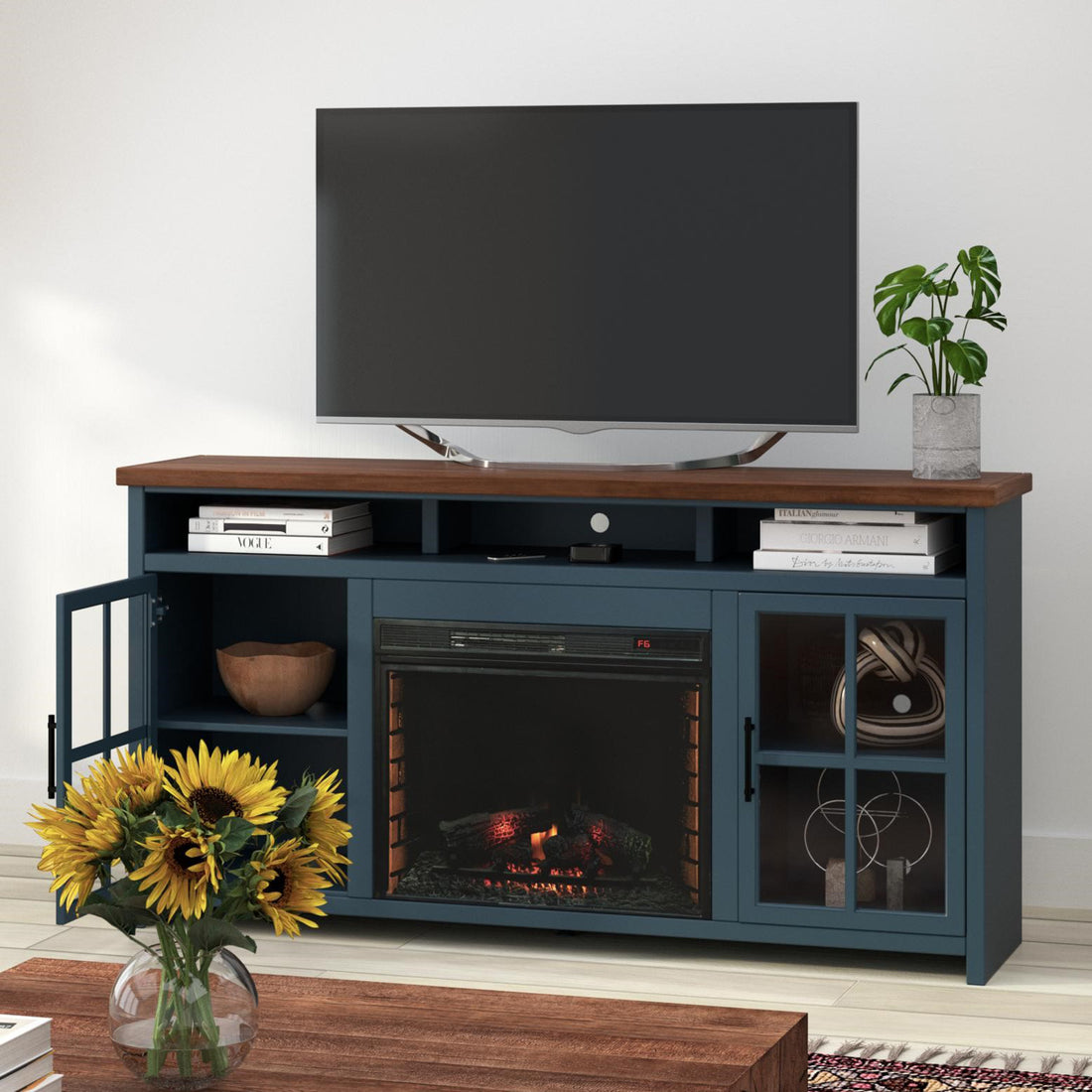 Nantucket 74 Inch Fireplace Tv Stand Console For Tvs Up To 85 Inches, Minimal Assembly, Blue Denim And Whiskey Finish Up To 40 Electric No Blue 400 Vent Free Primary Living Space Coastal,Farmhouse Poplar Yes Insert Wood Electric