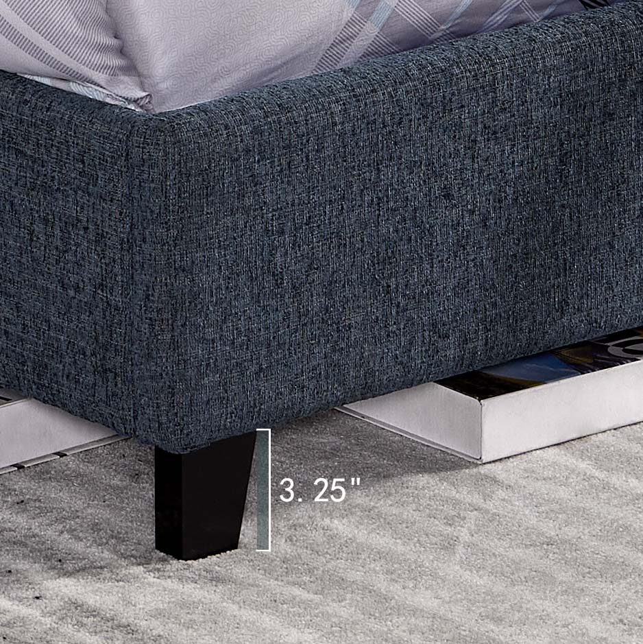 Queen Size Navy Blue Denim Squares Upholstered Platform Bed Box Spring Required Queen Blue Wood Bedroom Contemporary,Modern,Transitional Bed Frame Foam Polyester Polyester