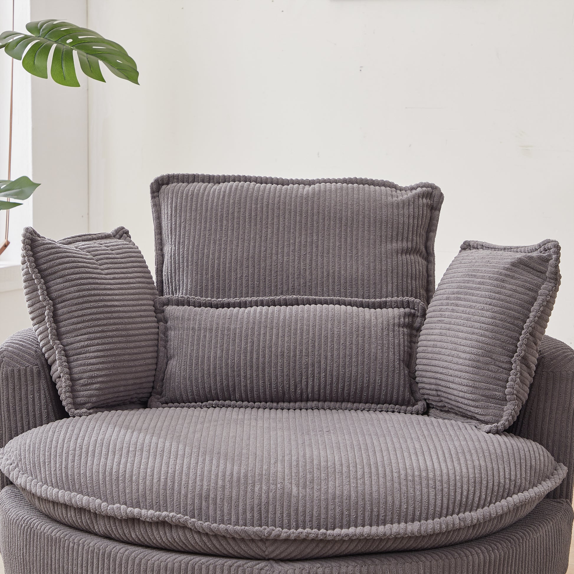 38"W Oversized Swivel Chair With Moon Storage Ottoman For Living Room, Modern Accent Round Loveseat Circle Swivel Barrel Chairs For Bedroom Cuddle Sofa Chair Lounger Armchair, 4 Pillows,Corduroy Grey Foam Corduroy