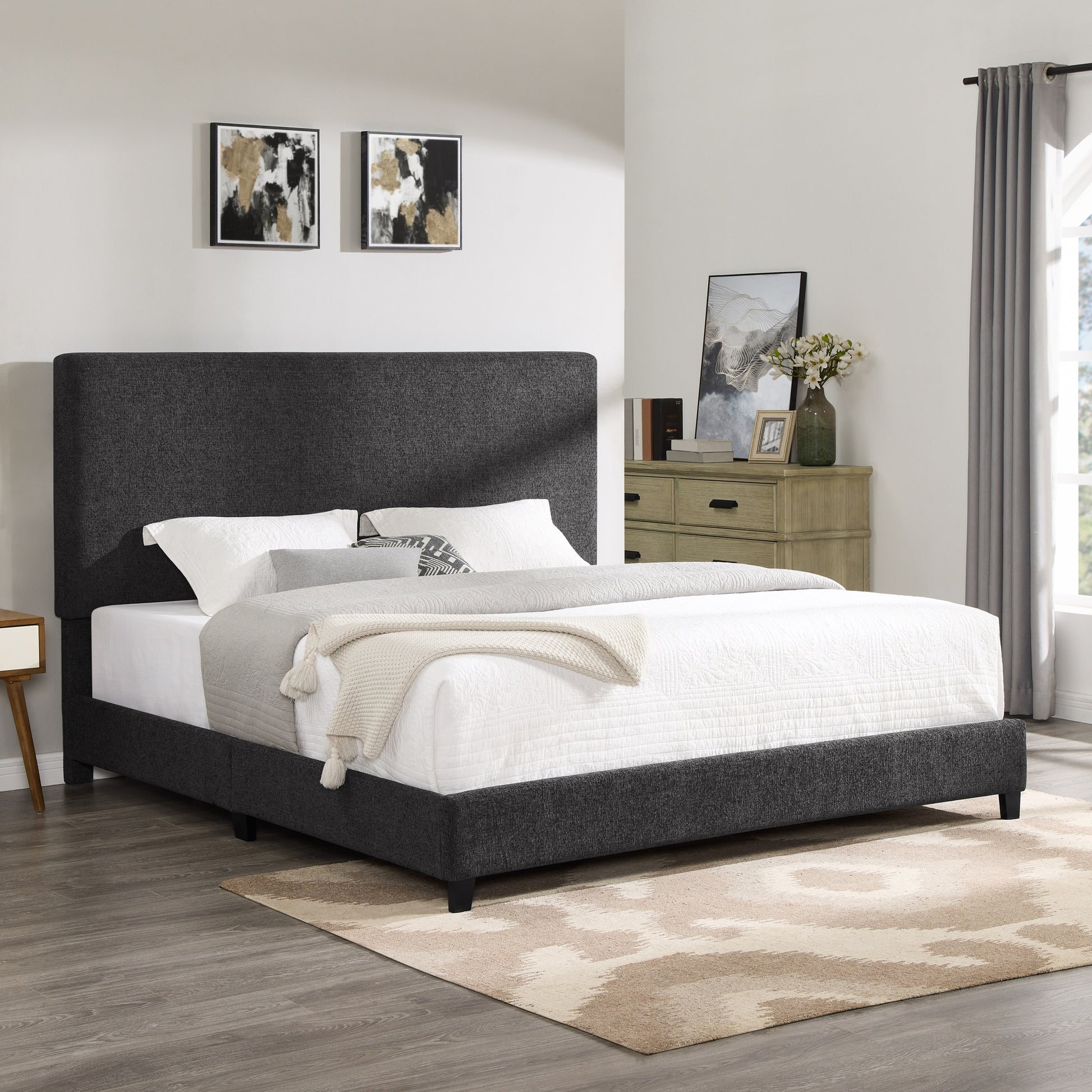 King Size Charcoal Grey Upholstered Platform Bed Box Spring Required King Grey Wood Bedroom Contemporary,Modern,Transitional Bed Frame Foam Polyester Polyester
