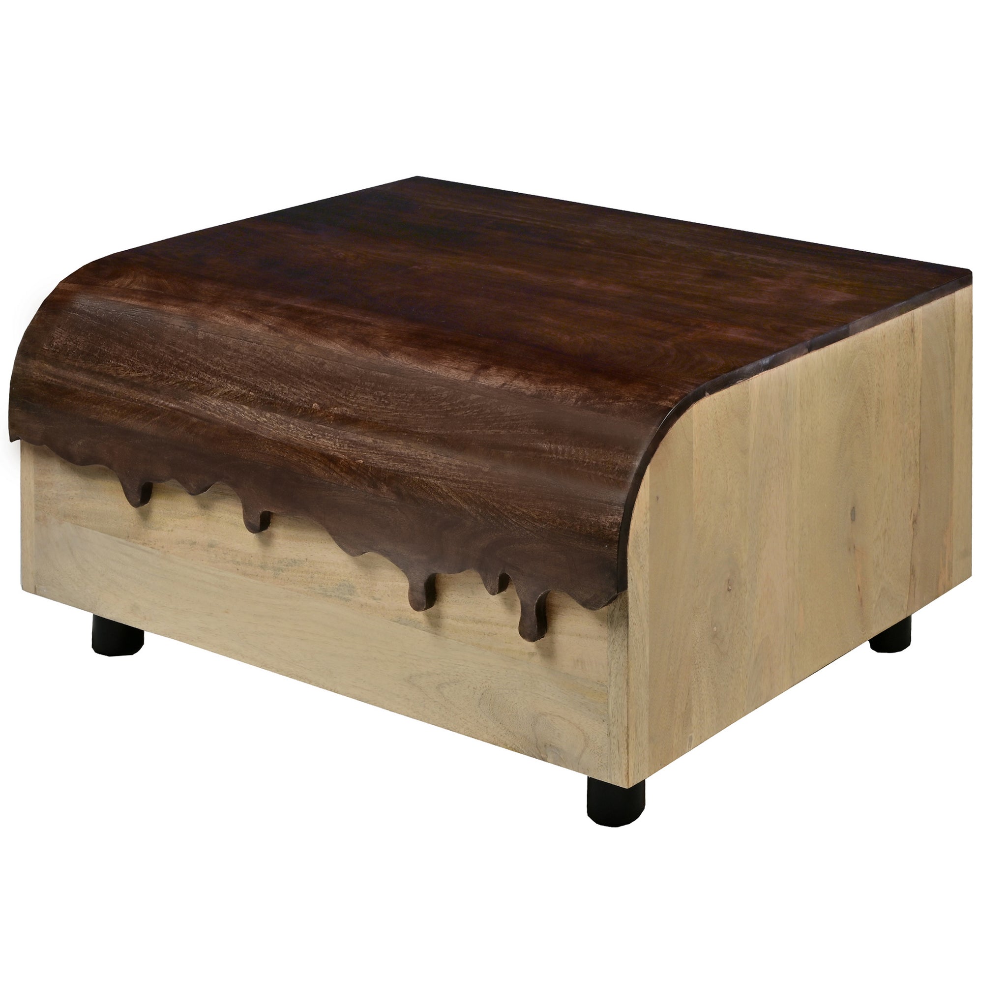 36 Inch Modern Mango Wood Coffee Table, Drip Design Walnut Brown Surface, Oak White Frame Brown White Solid Wood