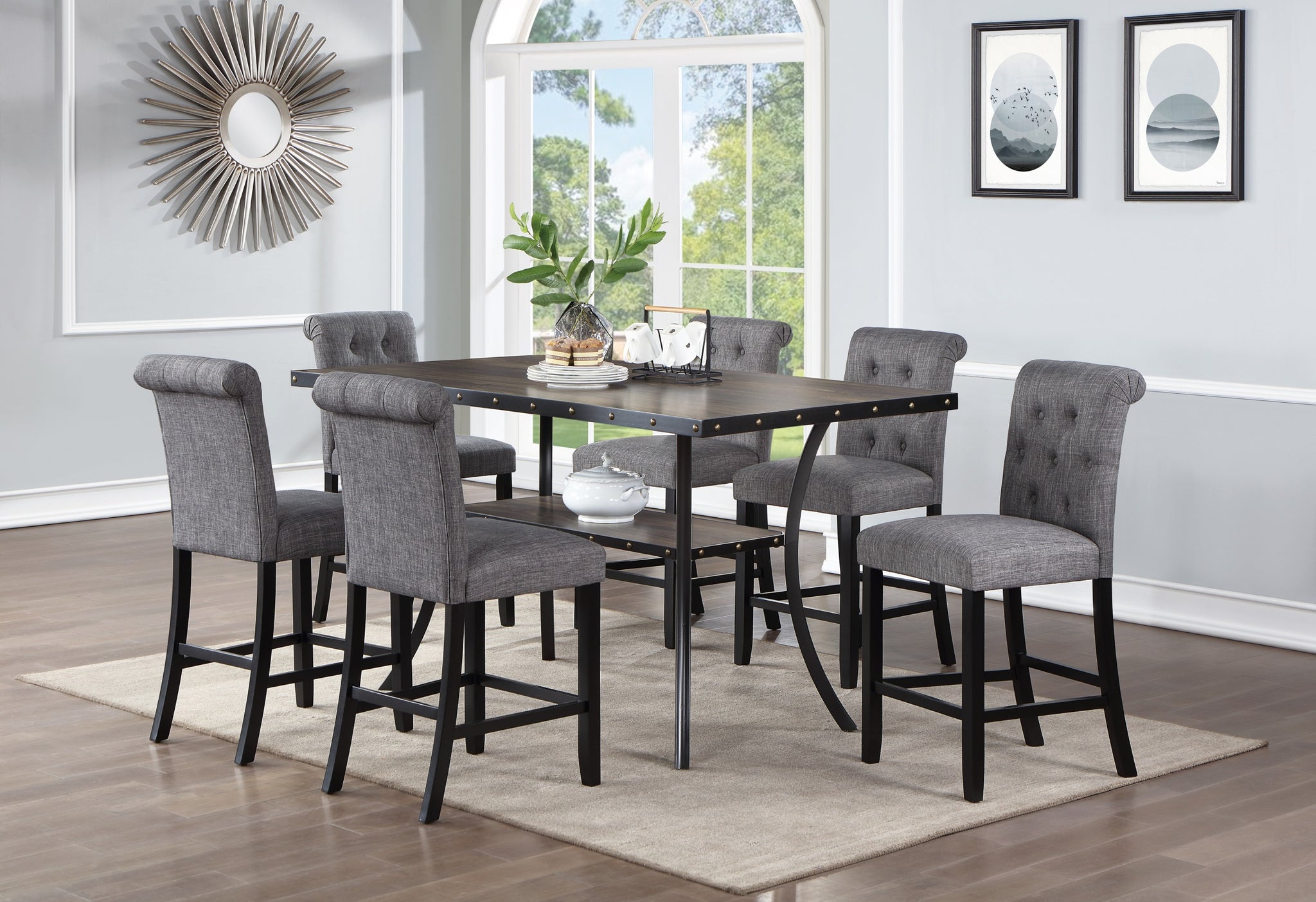 Dining Room Furniture Natural Rectangle Top Dining Table 6X High Chairs Charcoal Fabric Tufted Roll Back Top Chair Storage Shelve 7Pc Counter Height Dining Set Wood Dining Room Rubberwood Rectangular Dining Table With Chair Upholstered Chair Wood