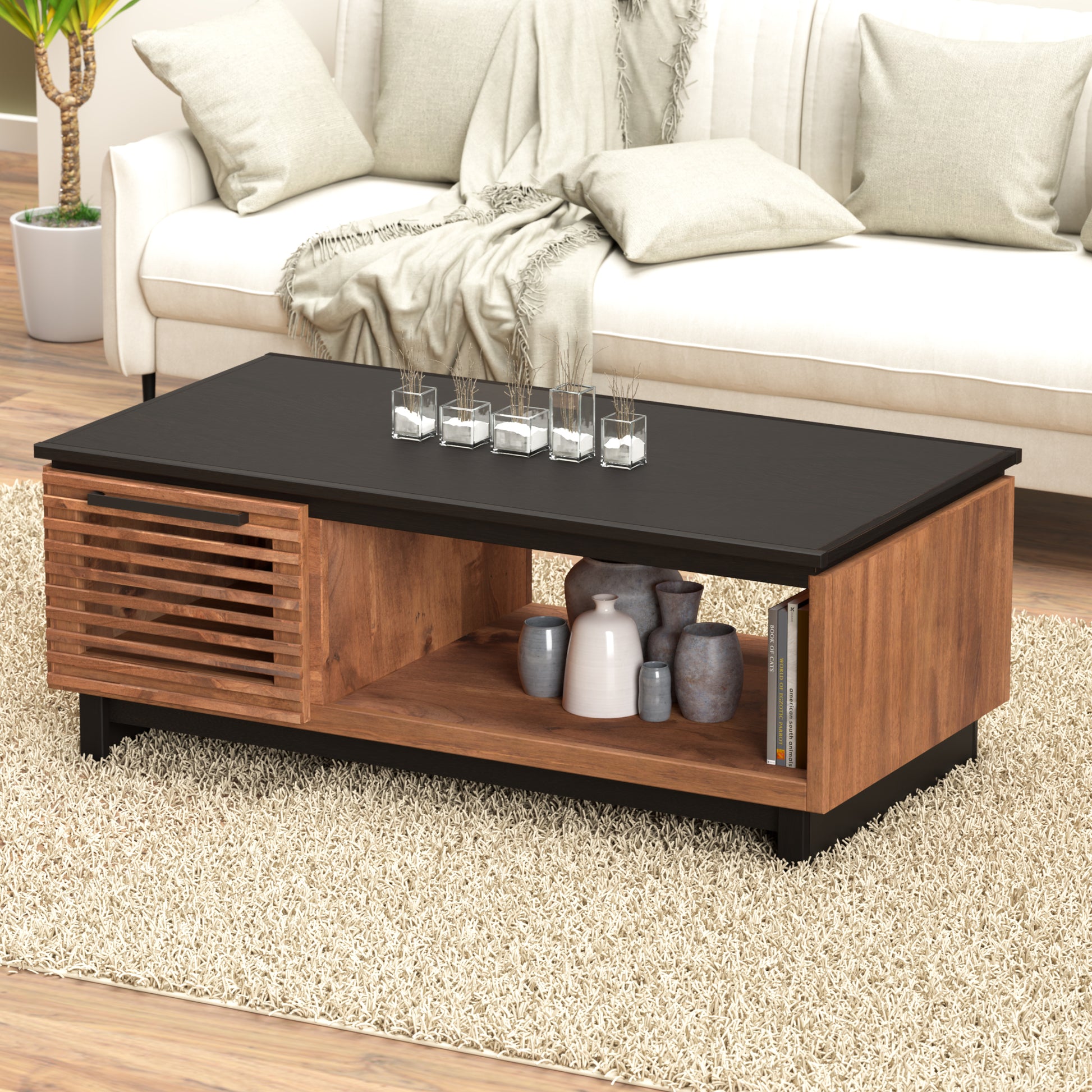 Graceland 47" Coffee Table, No Assembly Required, Black With Bourbon Finish Brown Brown Primary Living Space Contemporary,Modern,Scandinavian Freestanding Poplar Rectangular Open Storage Coffee & End Tables Wood