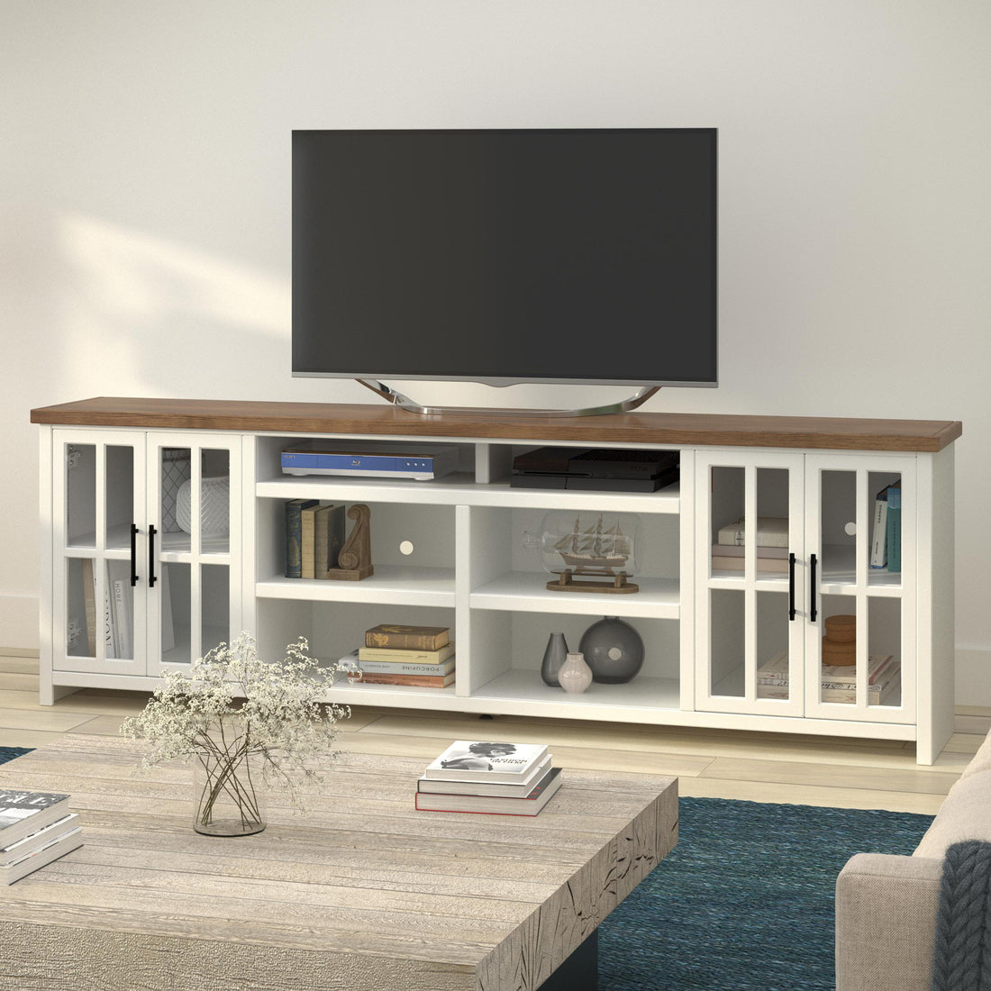 Hampton 96 Inch Tv Stand Console For Tvs Up To 100 Inches, No Assembly Requried, Jasmine Whitewash And Barnwood Finish White White Primary Living Space 90 Inches Or Larger 90 Inches Or Larger Coastal,Farmhouse Poplar 85 Inches Wood