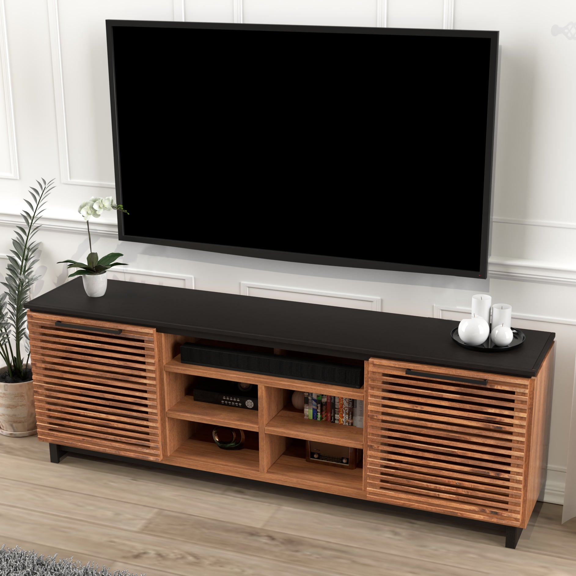 Graceland 85 Inch Tv Stand Console For Tvs Up To 95 Inches, No Assembly Required, Black With Bourbon Finish Brown Brown Primary Living Space 80 89 Inches 90 Inches Or Larger Contemporary,Modern,Scandinavian Poplar 85 Inches Wood