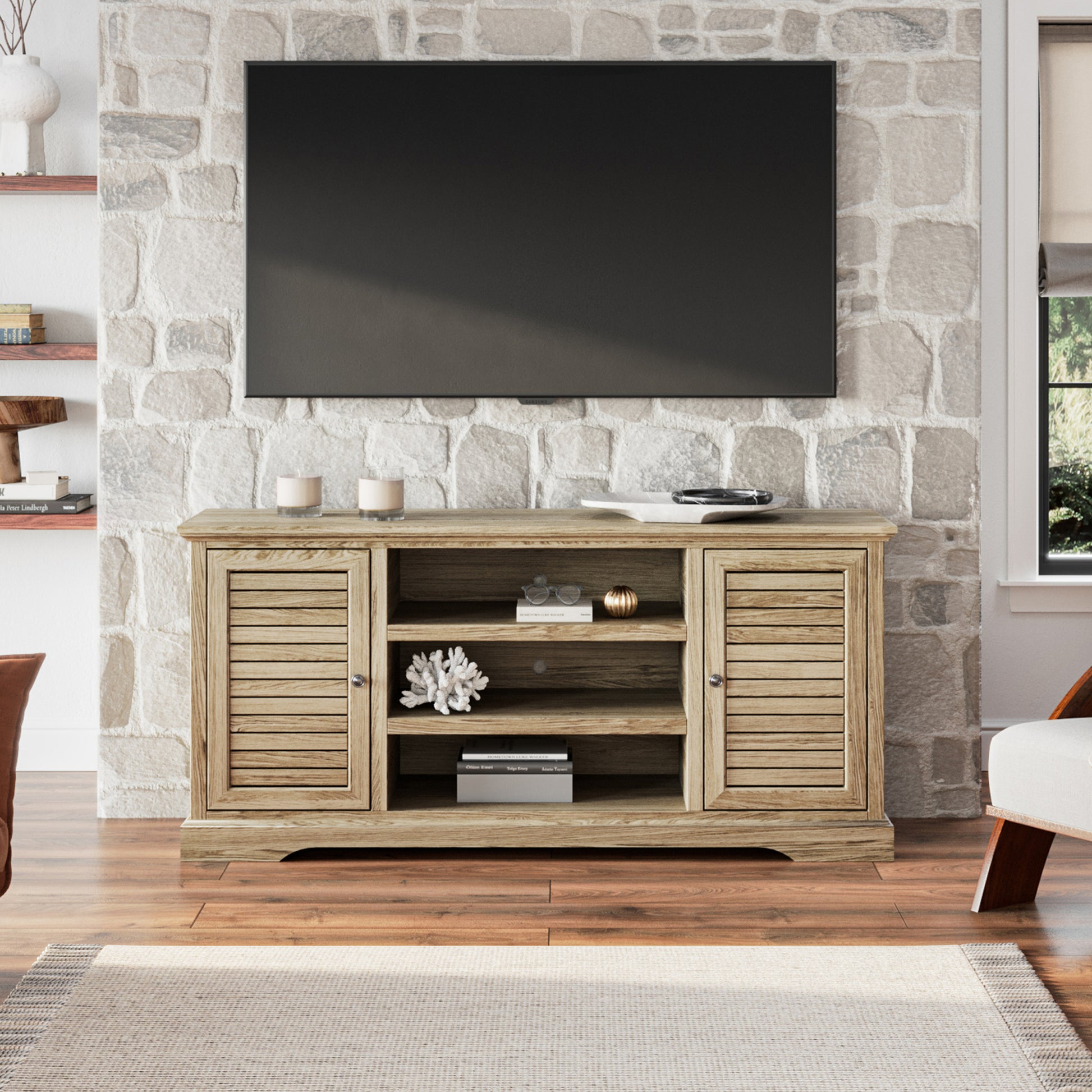 Topanga 66 Inch Tv Stand Console For Tvs Up To 80 Inches, No Assembly Required, Alabaster Finish Beige Primary Living Space 70 79 Inches 70 79 Inches Coastal,Rustic,Transitional Oak 75 Inches Wood