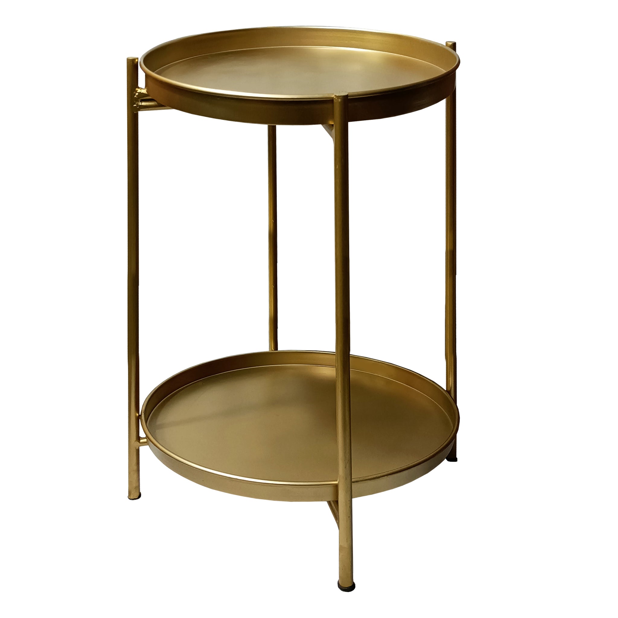 20 Inch High Round Side End Table With 2 Tier Iron Frame, Matte Gold Gold Iron