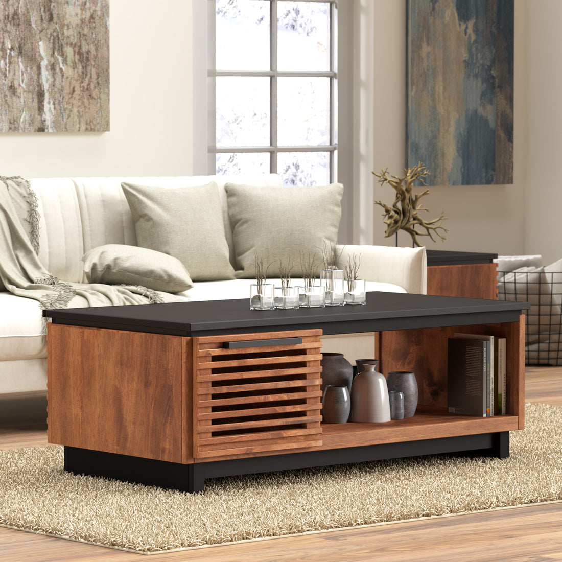 Graceland 47" Coffee Table, No Assembly Required, Black With Bourbon Finish Brown Brown Primary Living Space Contemporary,Modern,Scandinavian Freestanding Poplar Rectangular Open Storage Coffee & End Tables Wood