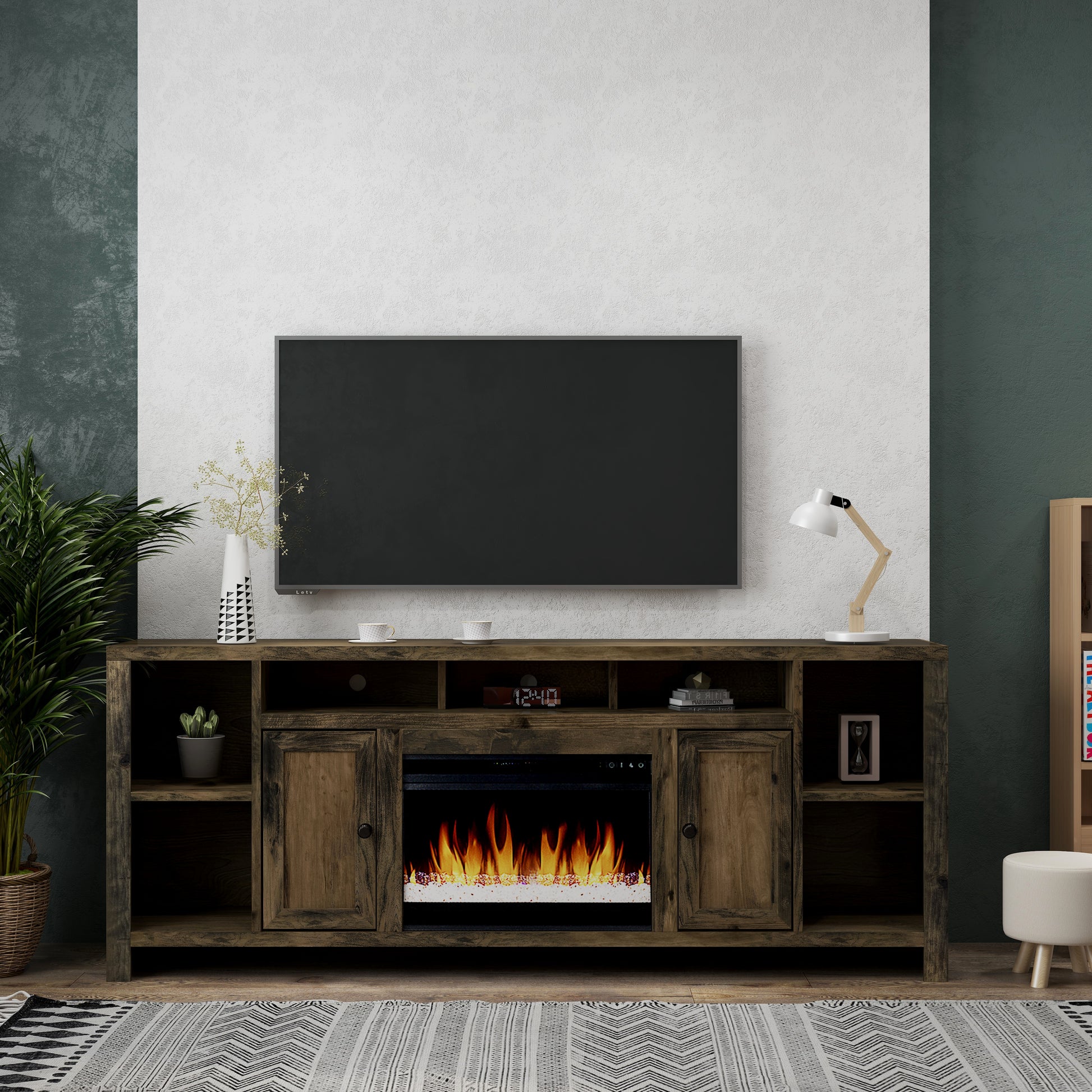 Joshua Creek 84 Inch Electric Fireplace Tv Stand For Tvs Up To 95 Inches, Minimal Assembly, Barnwood Finish Electric Brown Primary Living Space Alder Yes Insert Electric Up To 40 No Brown 400 Vent