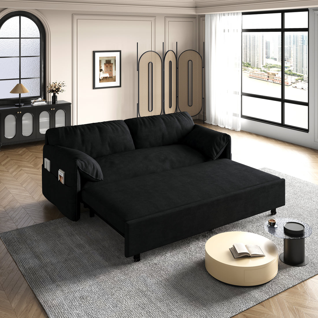 63.8" Queen Pull Out Sofa Bed, 3 In 1 Convertible Sleeper Sofa With Side Storage,Multi Functional Velvet Loveseat Bed For Living Room,Bedroom,Apartment,Office,Black Old Sku:W1885P151441 Black Velvet Velvet 2 Seat