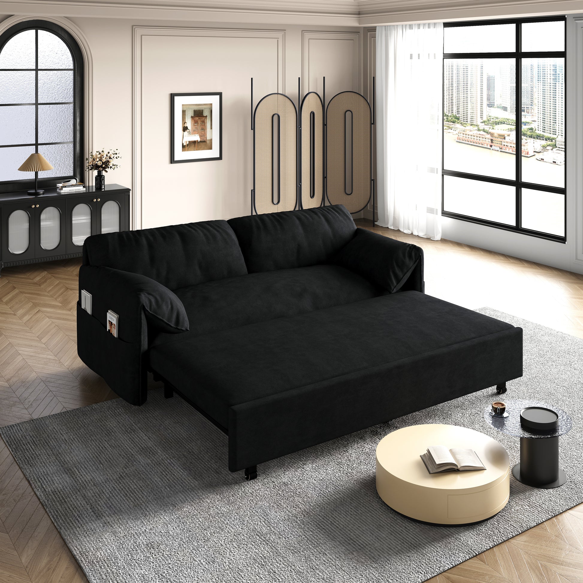 63.8" Queen Pull Out Sofa Bed, 3 In 1 Convertible Sleeper Sofa With Side Storage,Multi Functional Velvet Loveseat Bed For Living Room,Bedroom,Apartment,Office,Black Old Sku:W1885P151441 Black Velvet Velvet 2 Seat