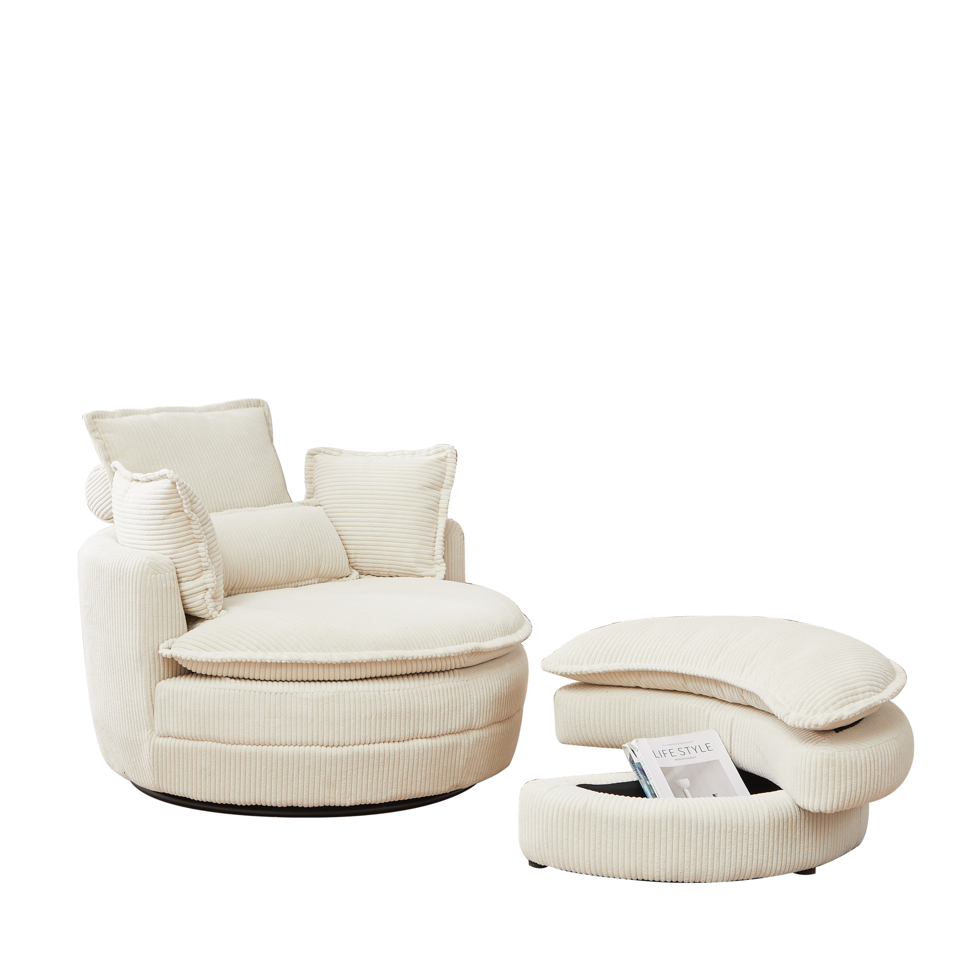 38"W Oversized Swivel Chair With Moon Storage Ottoman For Living Room, Modern Accent Round Loveseat Circle Swivel Barrel Chairs For Bedroom Cuddle Sofa Chair Lounger Armchair, 4 Pillows,Corduroy Beige Foam Corduroy