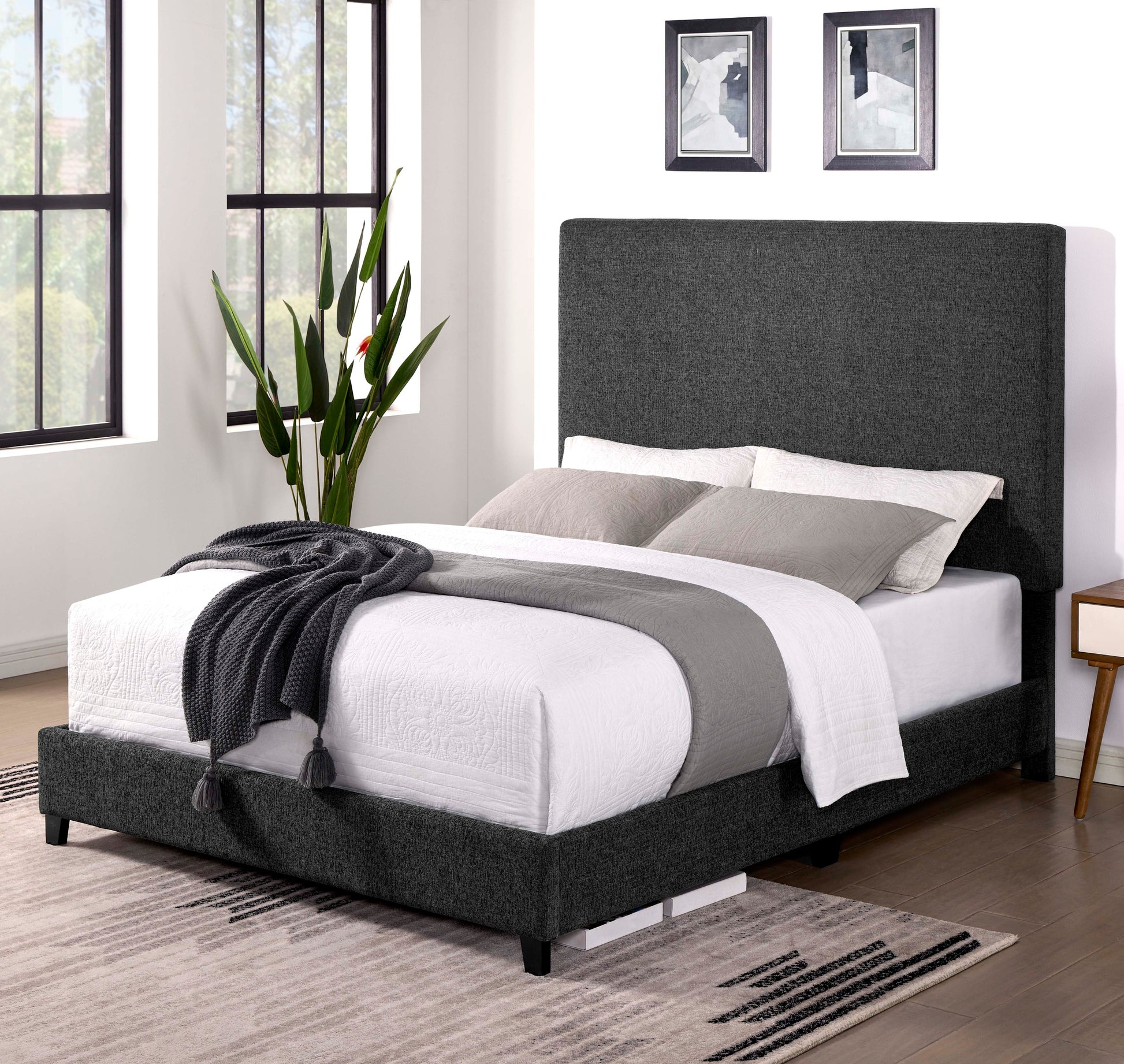 Queen Size Charcoal Grey Upholstered Platform Bed Box Spring Required Queen Grey Wood Bedroom Contemporary,Modern,Transitional Bed Frame Foam Polyester Polyester