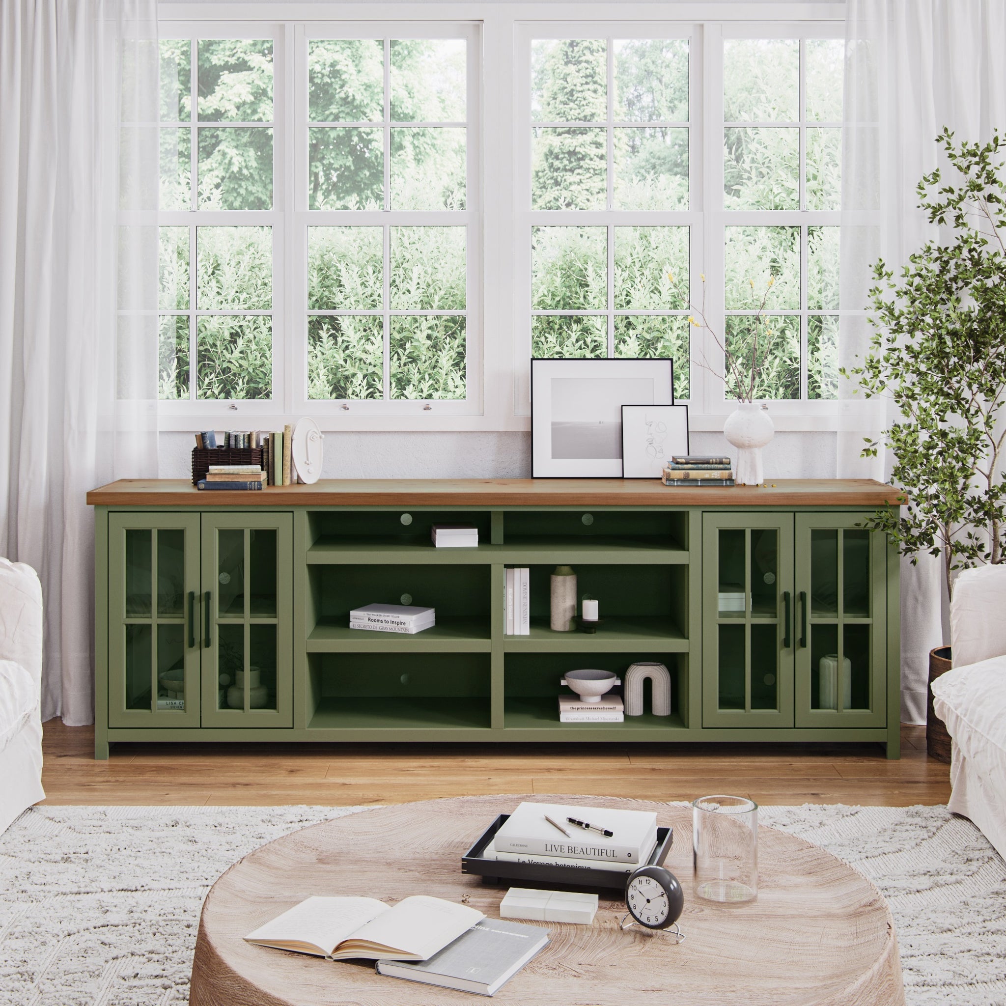 Vineyard 96 Inch Tv Stand Console For Tvs Up To 100 Inches, No Assembly Requried, Sage Green And Fruitwood Finish Green Primary Living Space 90 Inches Or Larger 90 Inches Or Larger Coastal,Farmhouse Poplar 85 Inches Wood