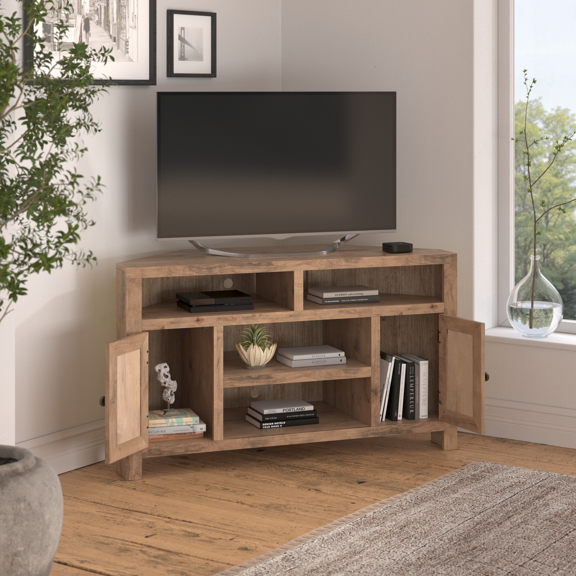 Joshua Creek 52 Inch Corner Tv Stand For Tvs Up To 55 Inches, No Assembly Required, Barnwood Finish Brown Brown Primary Living Space 50 59 Inches 50 59 Inches Rustic,Transitional Alder 55 Inches Wood