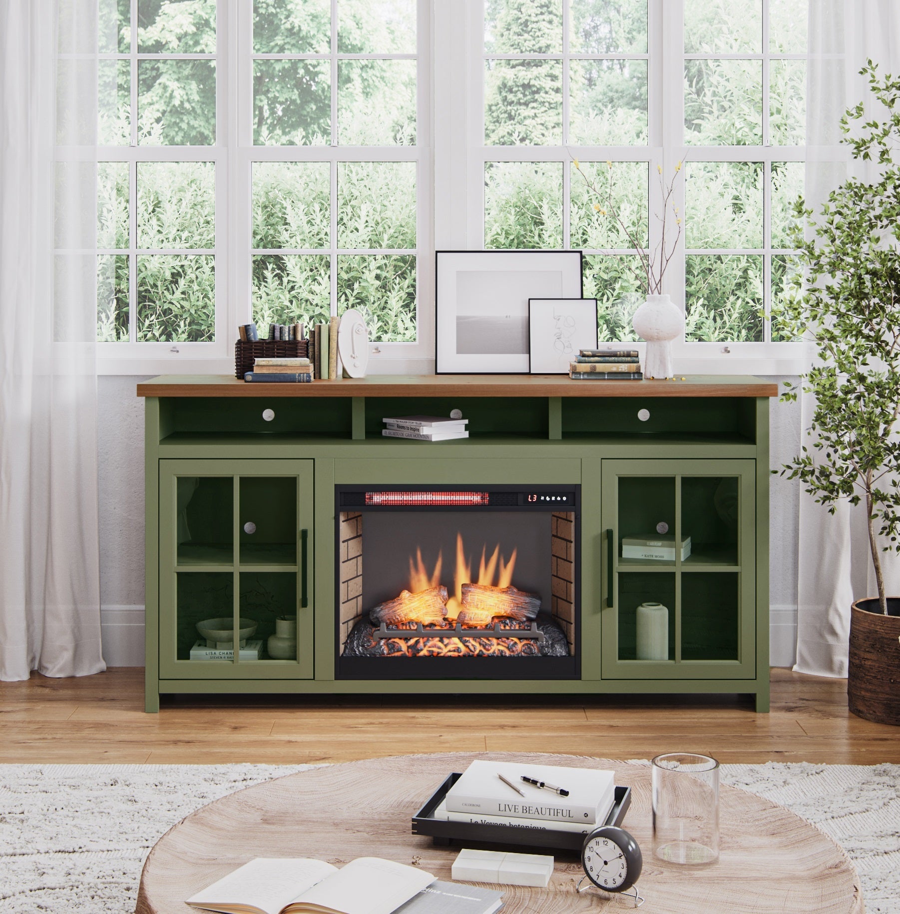 Vineyard 74 Inch Fireplace Tv Stand Console For Tvs Up To 85 Inches, Minimal Assembly, Sage Green And Fruitwood Finish Up To 40 Electric No Green 400 Vent Free Primary Living Space Coastal,Farmhouse Poplar Yes Insert Wood Electric