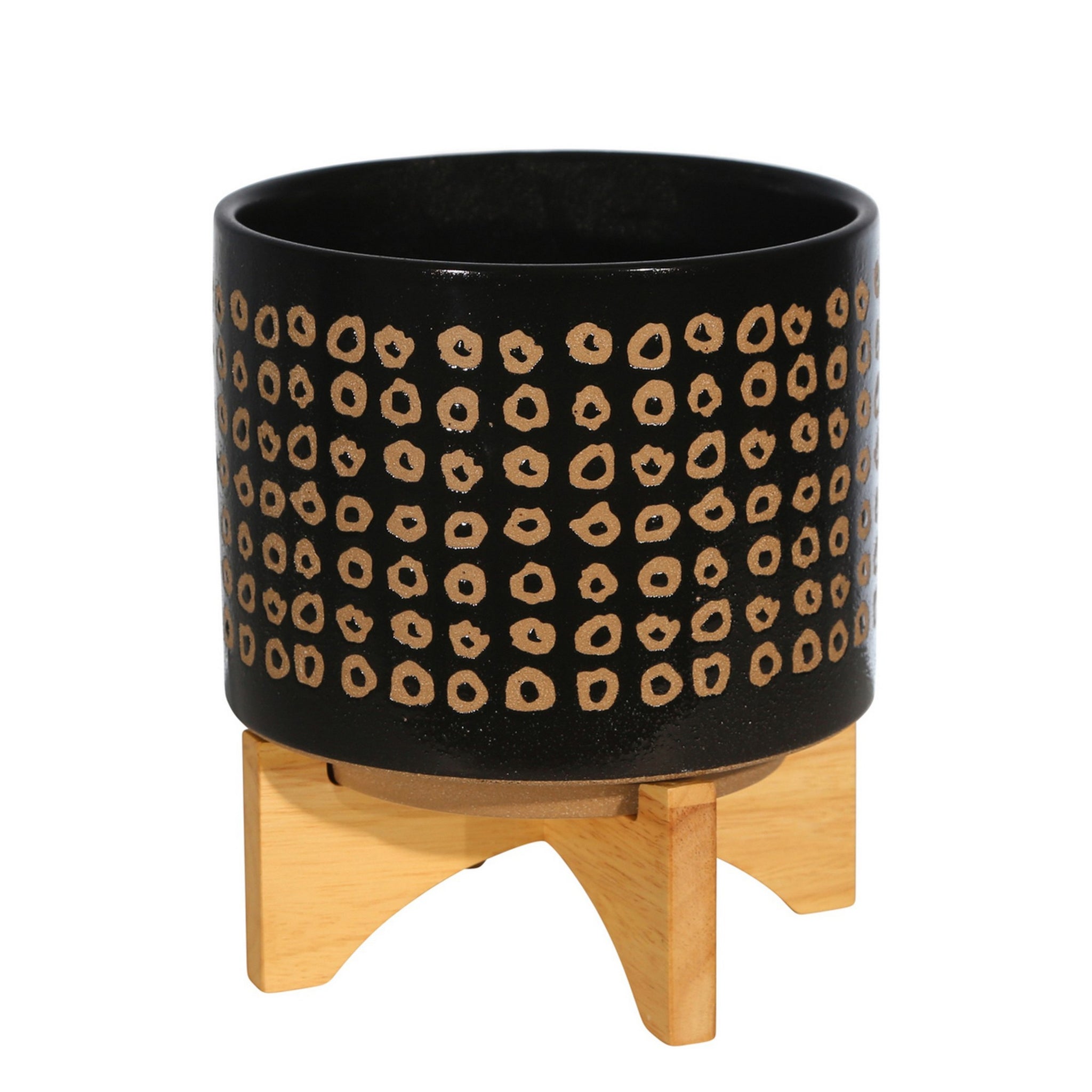 9 Inch Ceramic Round Planter, Wood Stand, Circular Pattern, Medium, Black Black Ceramic Mdf