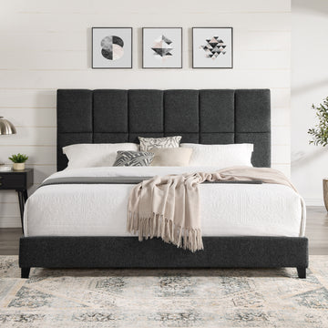 King Size Grey Squares Upholstered Platform Bed Box Spring Required King Grey Wood Bedroom Contemporary,Modern,Transitional Bed Frame Foam Polyester Polyester