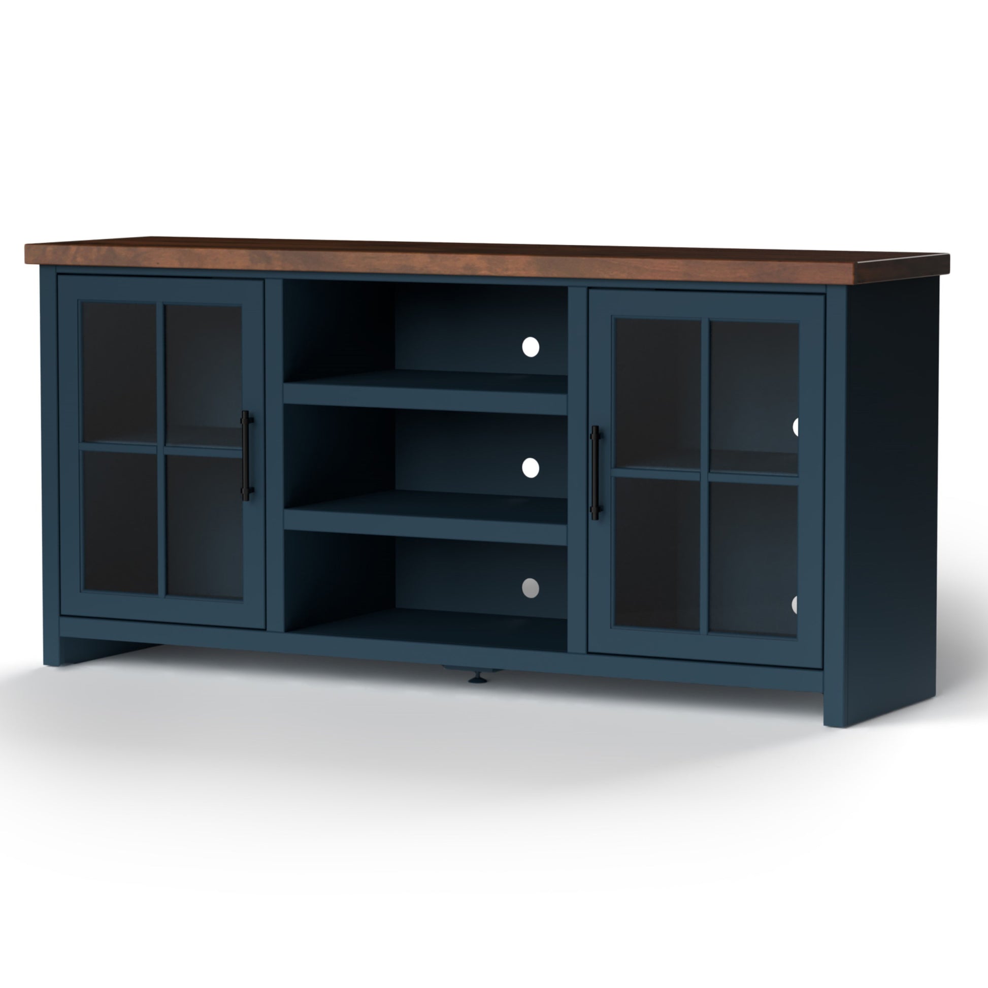 Nantucket 67 Inch Tv Stand Console For Tvs Up To 80 Inches, No Assembly Required, Blue Denim And Whiskey Finish Blue Primary Living Space 60 69 Inches 80 89 Inches Coastal,Farmhouse Poplar 80 Inches Wood