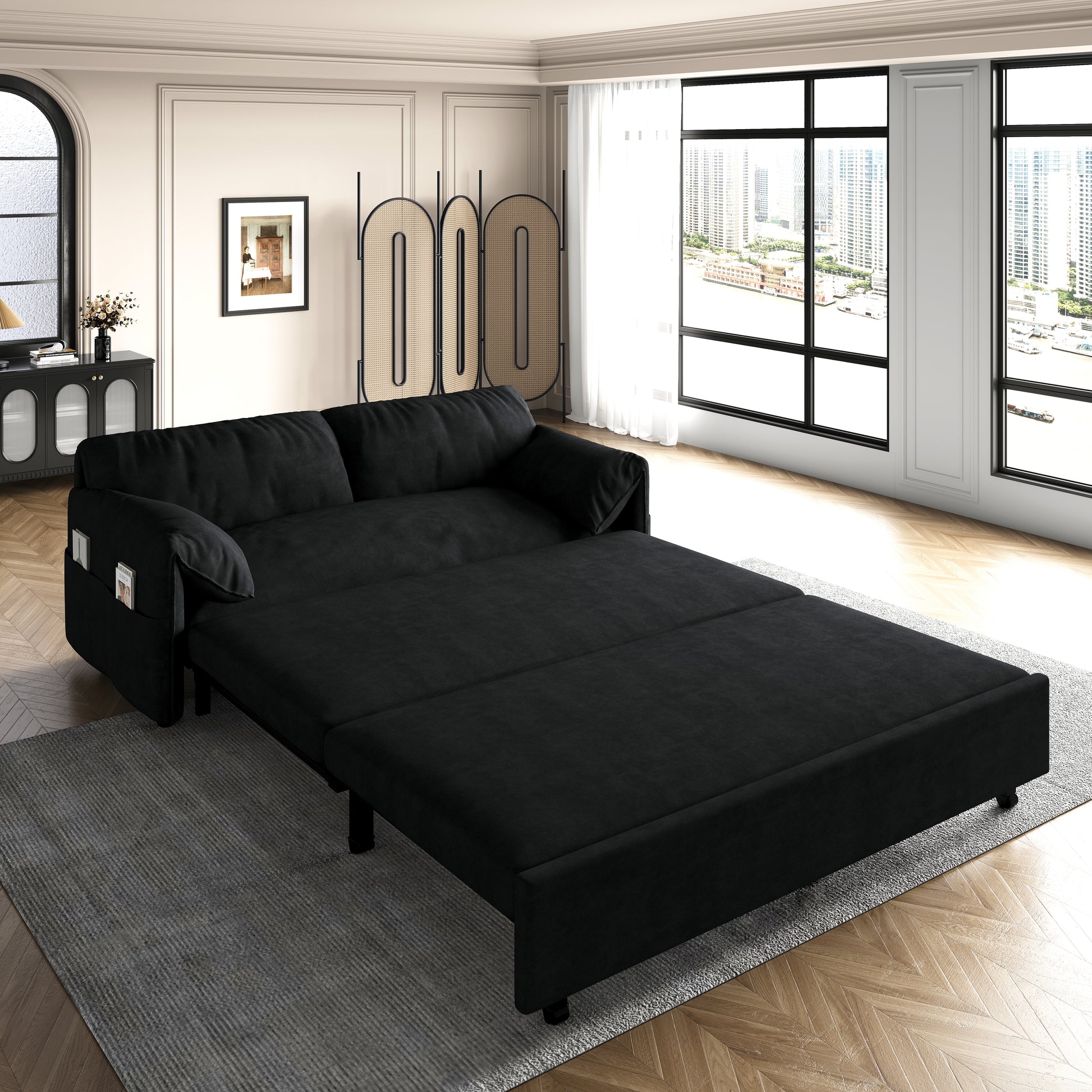 63.8" Queen Pull Out Sofa Bed, 3 In 1 Convertible Sleeper Sofa With Side Storage,Multi Functional Velvet Loveseat Bed For Living Room,Bedroom,Apartment,Office,Black Old Sku:W1885P151441 Black Velvet Velvet 2 Seat