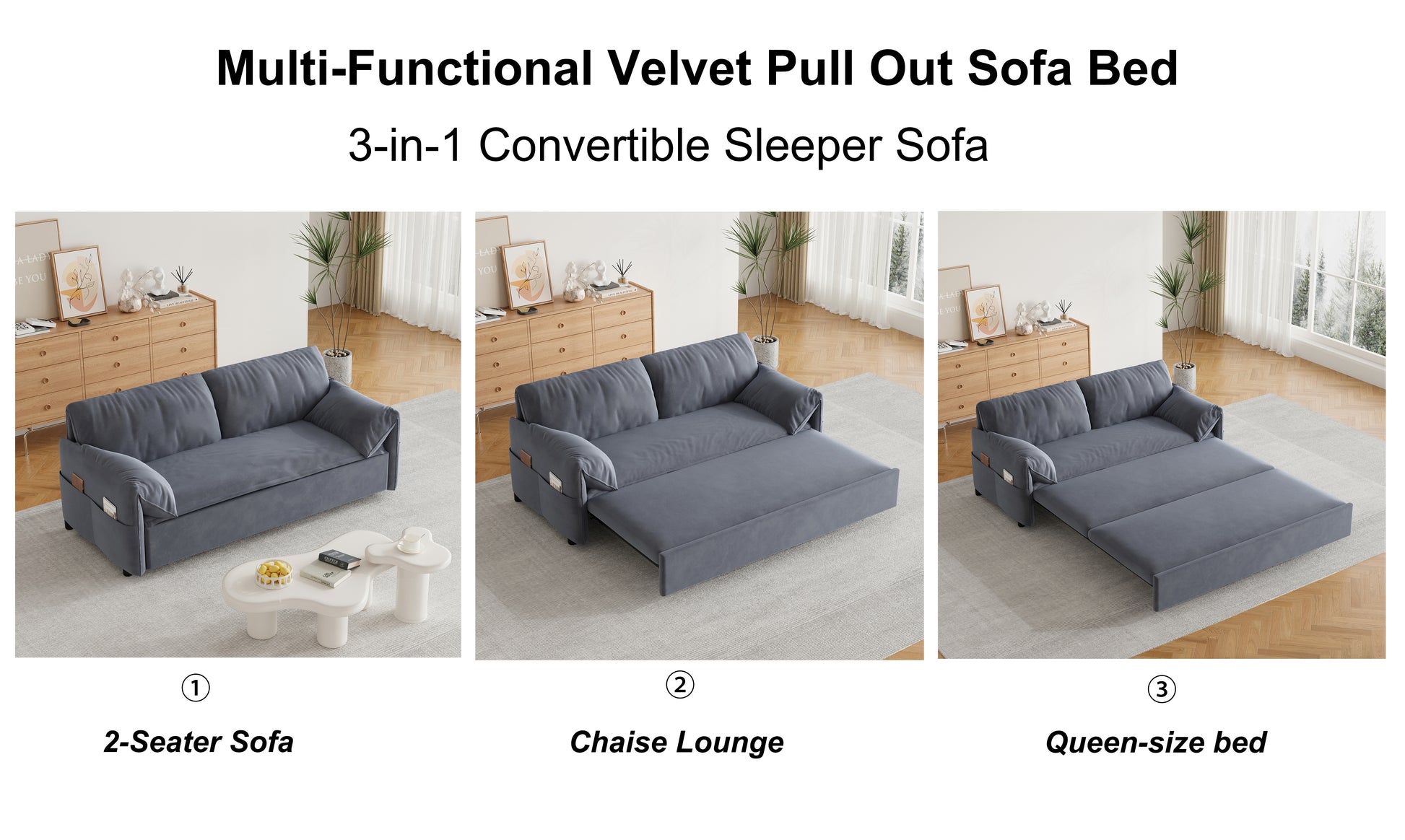 63.8" Queen Pull Out Sofa Bed, 3 In 1 Convertible Sleeper Sofa With Side Storage,Multi Functional Velvet Loveseat Bed For Living Room,Bedroom,Apartment,Office,Grey Old Sku:W1885122052 Grey Velvet Velvet 2 Seat