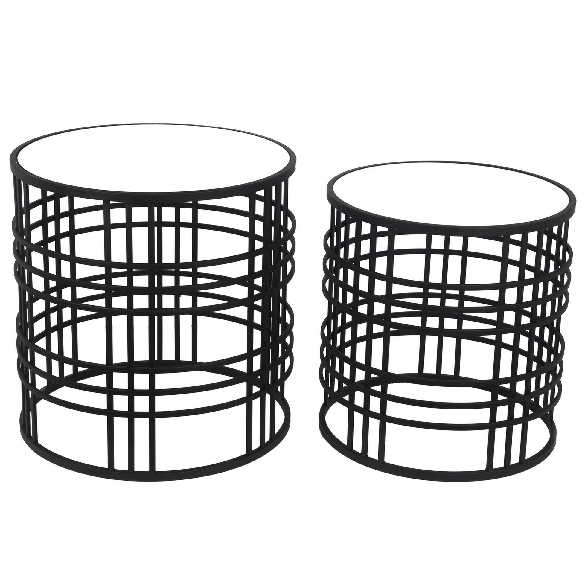 Mirrored Top Round Accent Table With Open Base, Set Of 2, Black Black Glass Metal