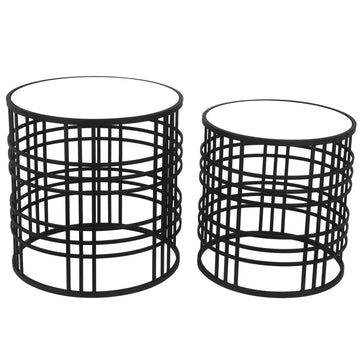 Mirrored Top Round Accent Table With Open Base, Set Of 2, Black Black Glass Metal