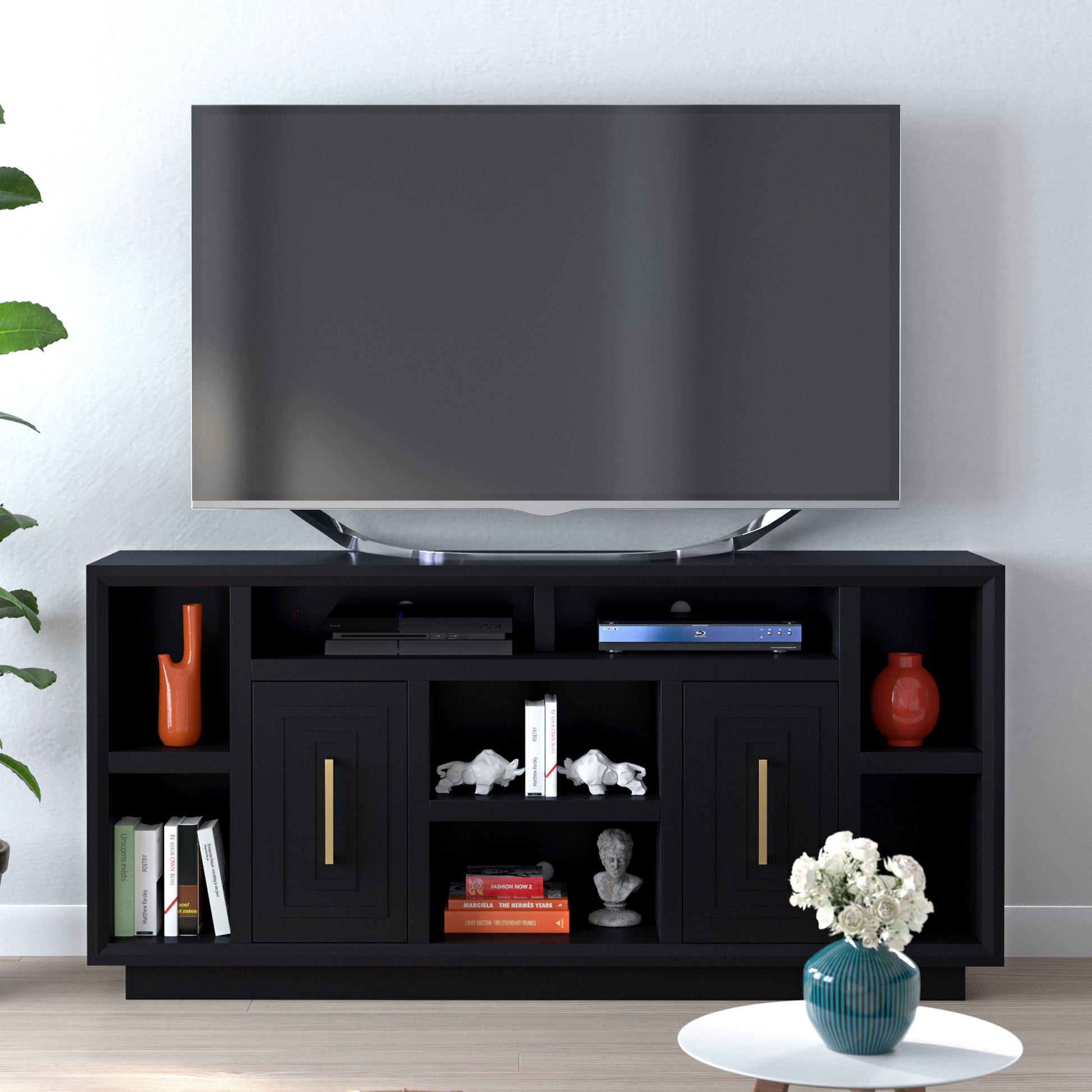 Sunset 67 Inch Tv Stand Console For Tvs Up To 80 Inches, No Assembly Required, Black Finish Black Primary Living Space 70 79 Inches 70 79 Inches Contemporary,Modern Poplar 75 Inches Wood