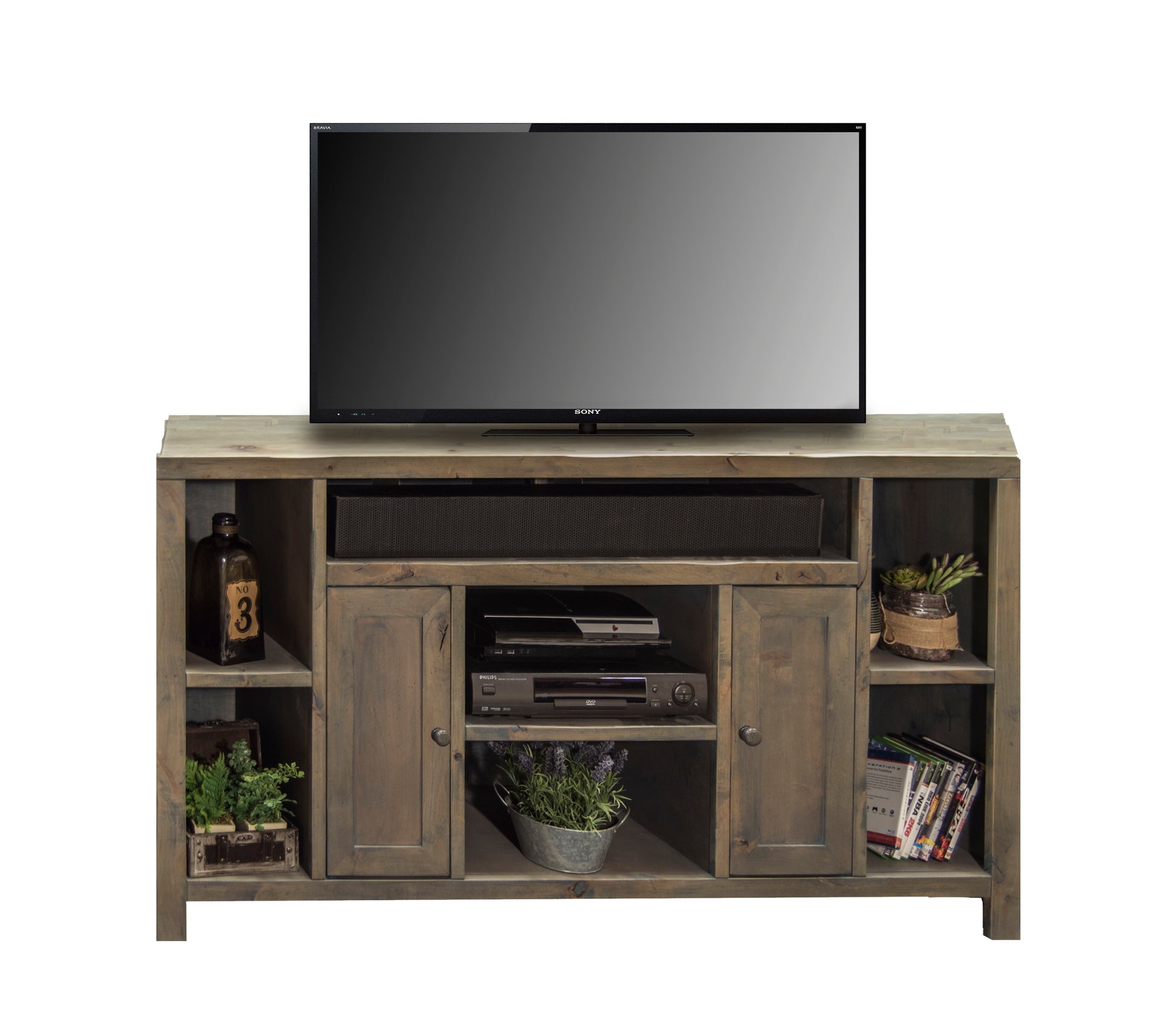 Joshua Creek 64 Inch Tv Stand Console For Tvs Up To 70 Inches, No Assembly Required, Barnwood Finish Brown Brown Primary Living Space 60 69 Inches 70 79 Inches Rustic,Transitional Alder 70 Inches Wood