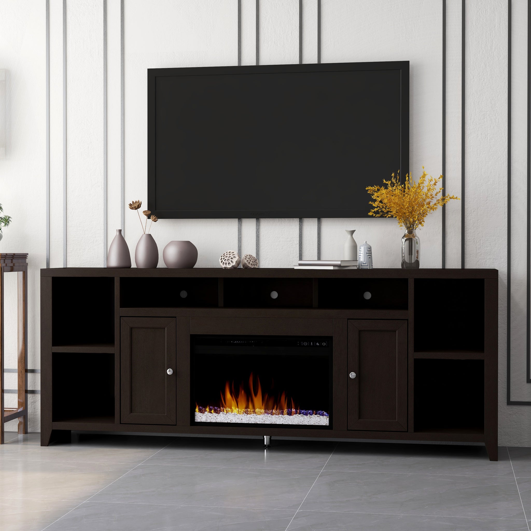 Urban Loft 84 Inch Electric Fireplace Tv Console For Tvs Up To 95 Inches, Minimal Assembly, Mocha Finish Brown Espresso Primary Living Space 90 Inches Or Larger 90 Inches Or Larger Contemporary,Modern Poplar 85 Inches Wood