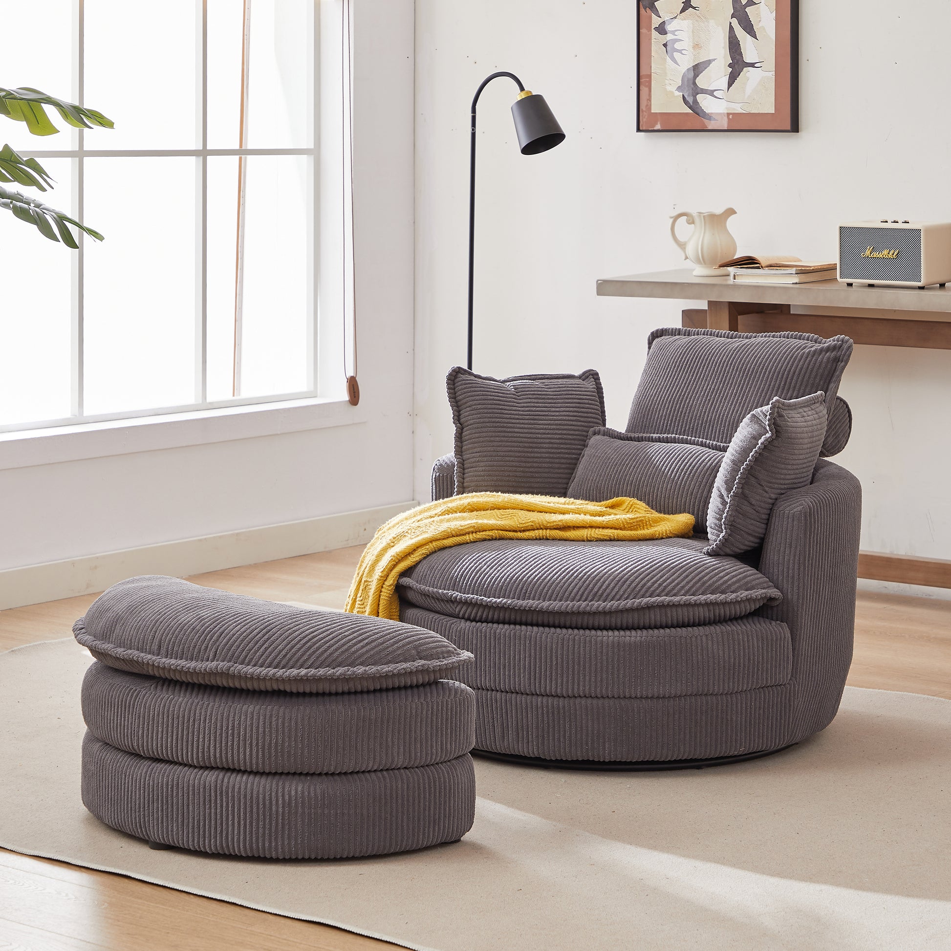 38"W Oversized Swivel Chair With Moon Storage Ottoman For Living Room, Modern Accent Round Loveseat Circle Swivel Barrel Chairs For Bedroom Cuddle Sofa Chair Lounger Armchair, 4 Pillows,Corduroy Grey Foam Corduroy