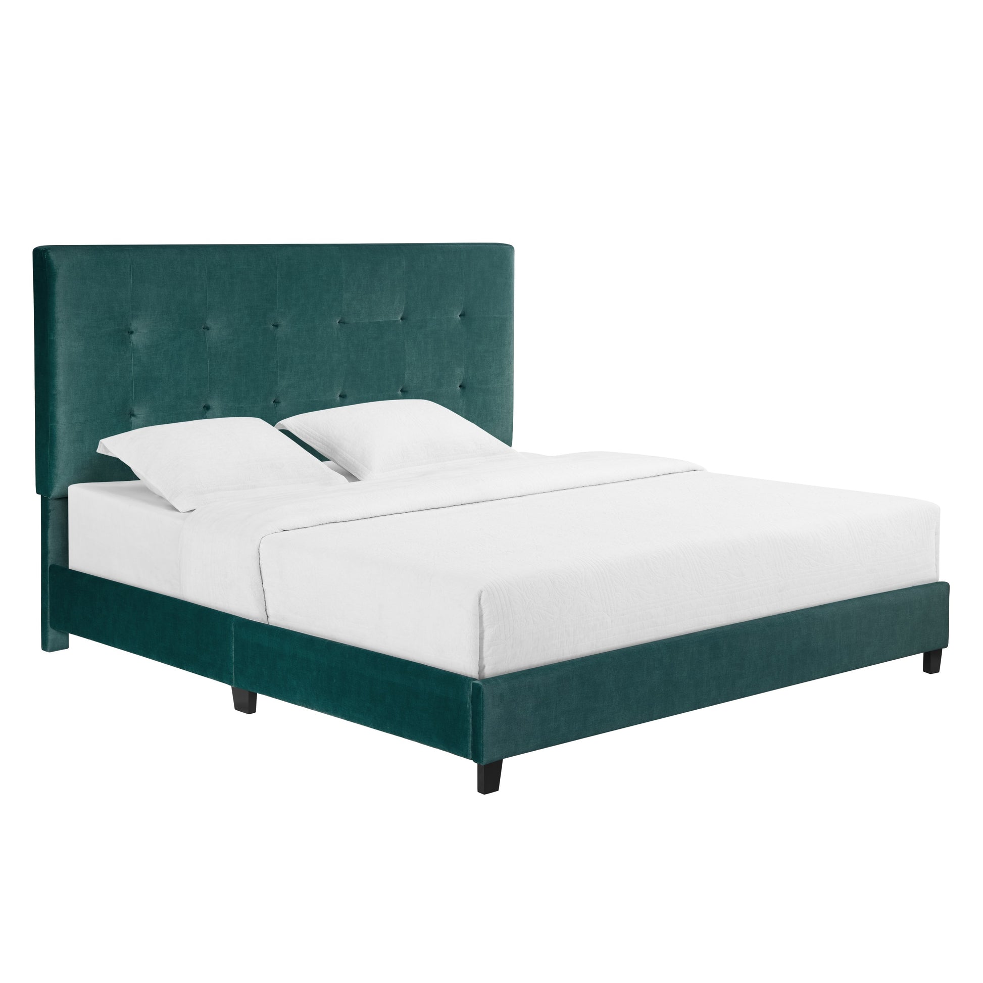 King Size Green Velvet Tufted Upholstered Platform Bed Box Spring Required King Green Wood Bedroom Contemporary,Modern,Transitional Bed Frame Foam Polyester