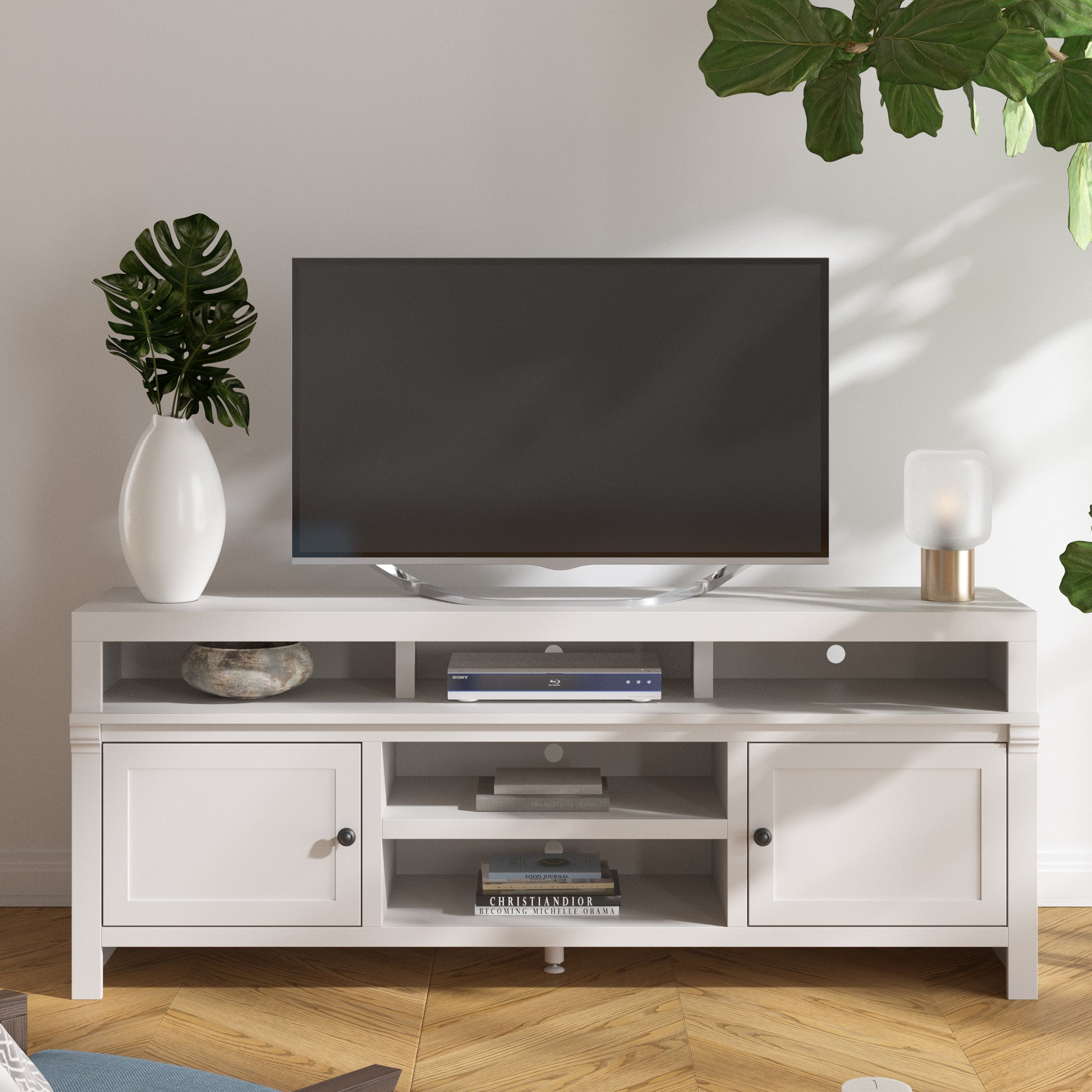 Modern 75 Inch Tv Stand Conosle For Tvs 85 Inches, No Assembly Required, White Finish White White Primary Living Space 75 Inches 80 89 Inches Contemporary,Modern Poplar 85 Inches Wood