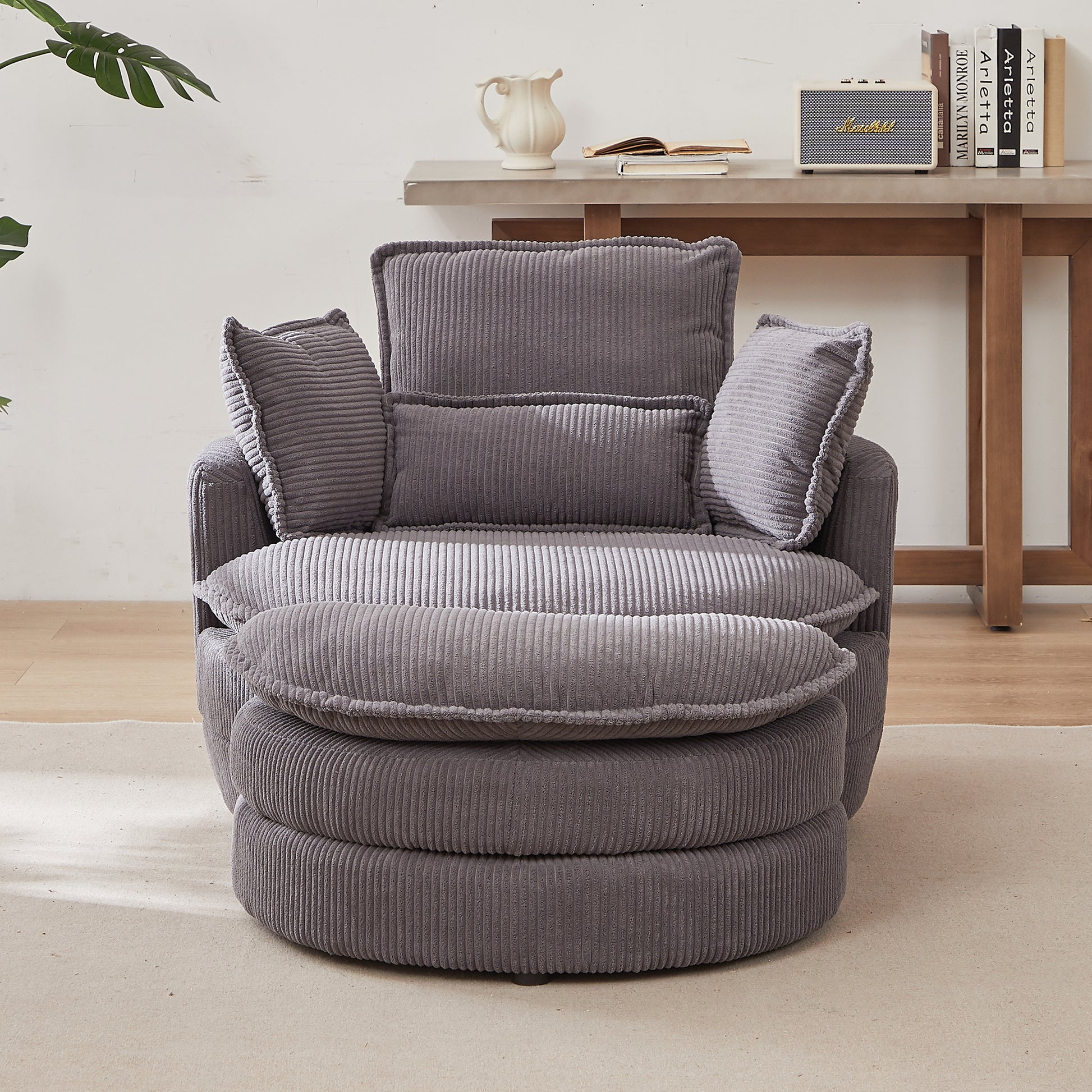 38"W Oversized Swivel Chair With Moon Storage Ottoman For Living Room, Modern Accent Round Loveseat Circle Swivel Barrel Chairs For Bedroom Cuddle Sofa Chair Lounger Armchair, 4 Pillows,Corduroy Grey Foam Corduroy