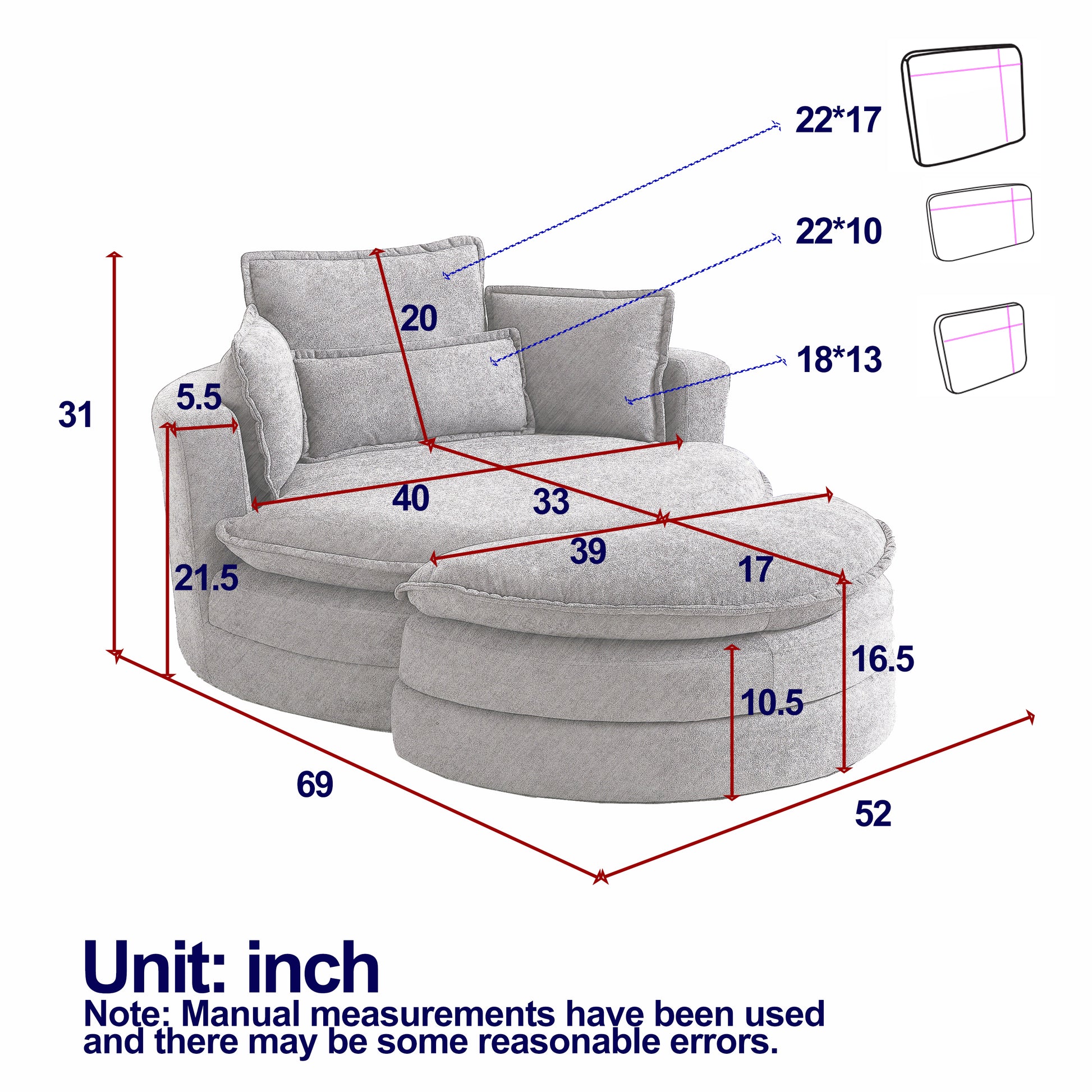 52'Swivel Accent Barrel Modern Beige Sofa Lounge Club Big Round Chair With Storage Ottoman Chenille Fabric For Living Room Hotel With 4 Pillows Beige Foam Chenille