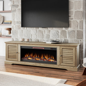 Topanga 83 Inch Electric Fireplace Tv Console For Tvs Up To 95 Inches, Minimal Assembly, Alabaster Finish 41 50 Electric No Beige 400 Vent Free Primary Living Space Coastal,Rustic,Transitional Oak Yes Insert Wood Electric