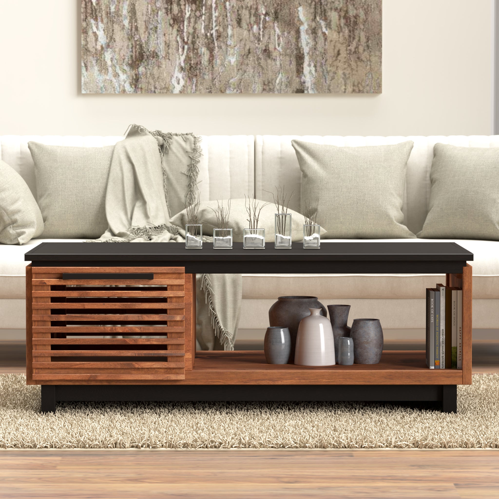 Graceland 47" Coffee Table, No Assembly Required, Black With Bourbon Finish Brown Brown Primary Living Space Contemporary,Modern,Scandinavian Freestanding Poplar Rectangular Open Storage Coffee & End Tables Wood