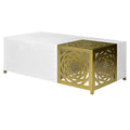 48 Inch Rectangular Modern Coffee Table With Geometric Cut Out Design, White And Brass Gold White Metal & Wood