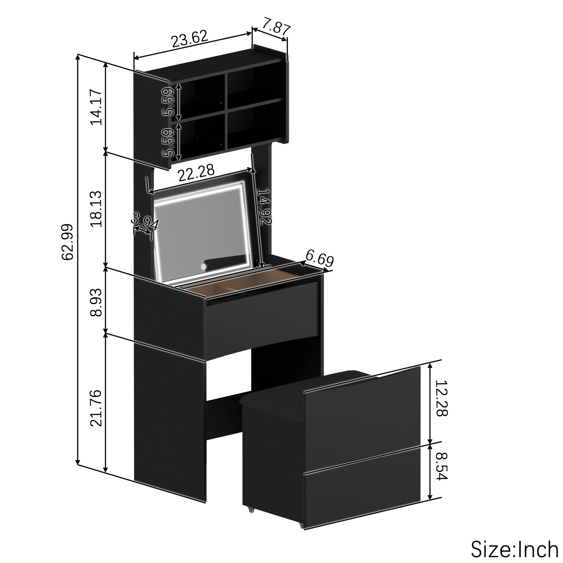 Dressing Table With Flip Top Led Illuminated Mirror, Vanity Table With Internal Storage Area, Makeup Vanity Dressing Table With Removable Upholstered Stool, Practical And Space Saving, Bedroom, Black Black Mdf