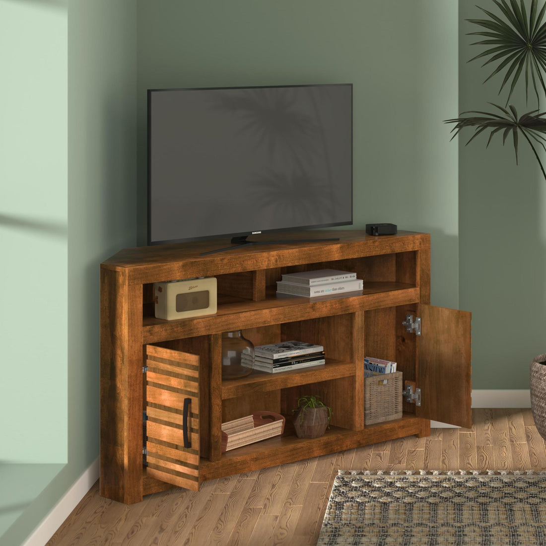 Sausalito 52 Inch Corner Tv Stand Console For Tvs Up To 55 Inches, No Assembly Required, Whiskey Finish Dark Brown Brown Primary Living Space 40 49 Inches 50 59 Inches Rustic,Transitional Alder 55 Inches Wood