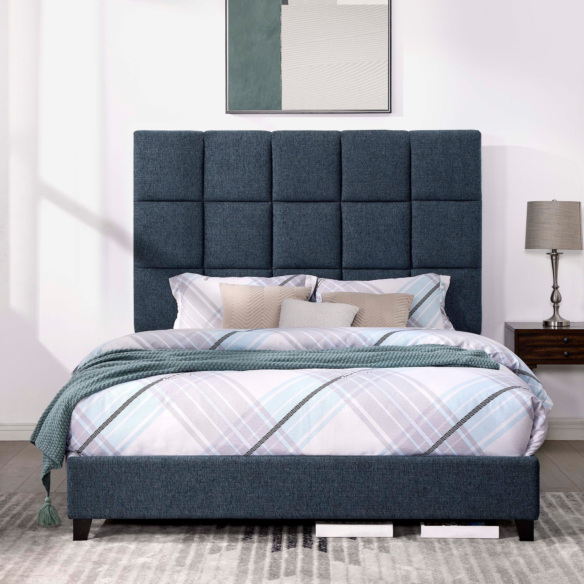 Queen Size Navy Blue Denim Squares Upholstered Platform Bed Box Spring Required Queen Blue Wood Bedroom Contemporary,Modern,Transitional Bed Frame Foam Polyester Polyester