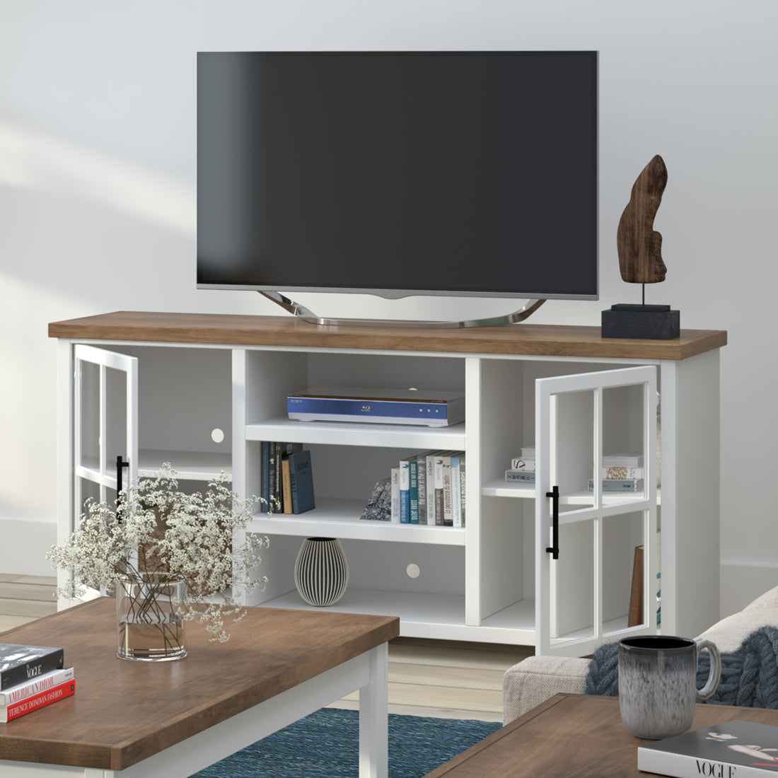 Hampton 67 Inch Tv Stand Console For Tvs Up To 80 Inches, No Assembly Required, Jasmine Whitewash And Barnwood Finish White White Primary Living Space 60 69 Inches 70 79 Inches Coastal,Farmhouse Poplar 75 Inches Wood